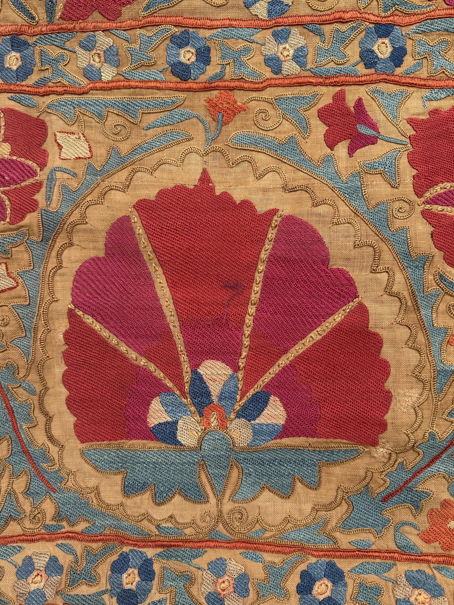 19th Century Uzbek Silk Embroidery Antique Pomegranate & Floral Suzani