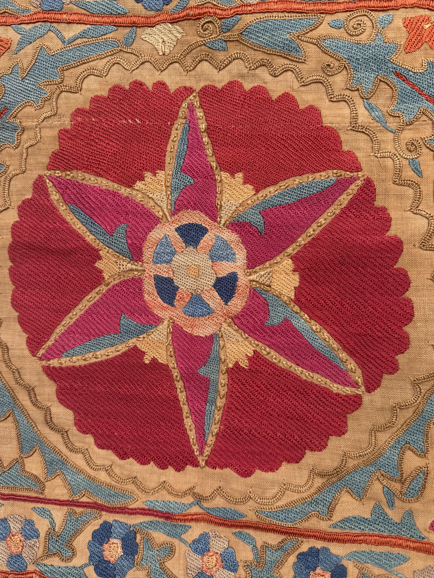 19th Century Uzbek Silk Embroidery Antique Pomegranate & Floral Suzani