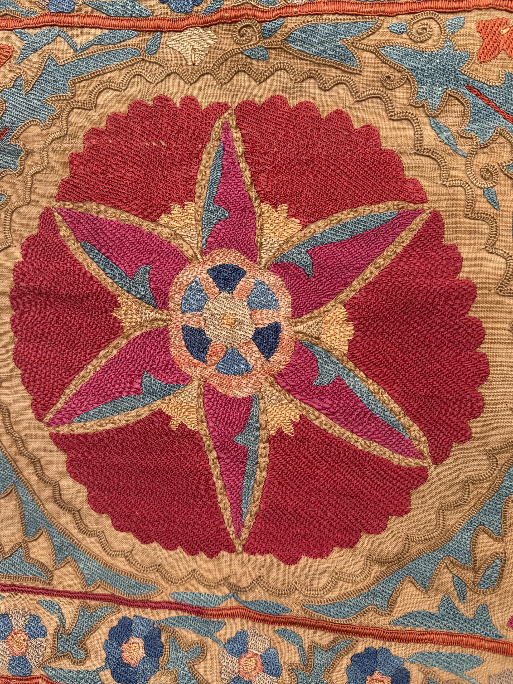 19th Century Uzbek Silk Embroidery Antique Pomegranate & Floral Suzani
