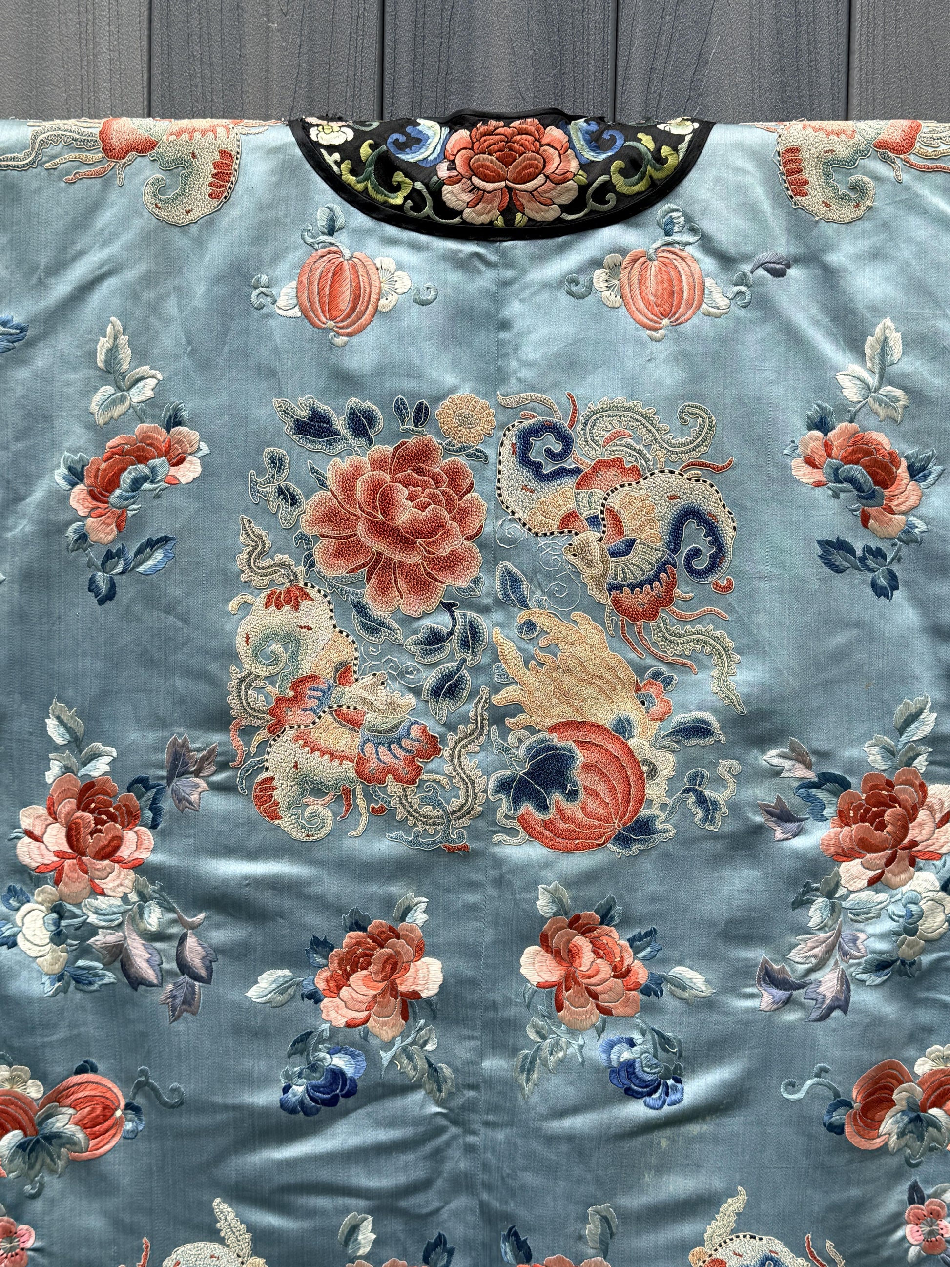 Qing Dynasty Blue Silk Embroidered Robe Peking Knot Details