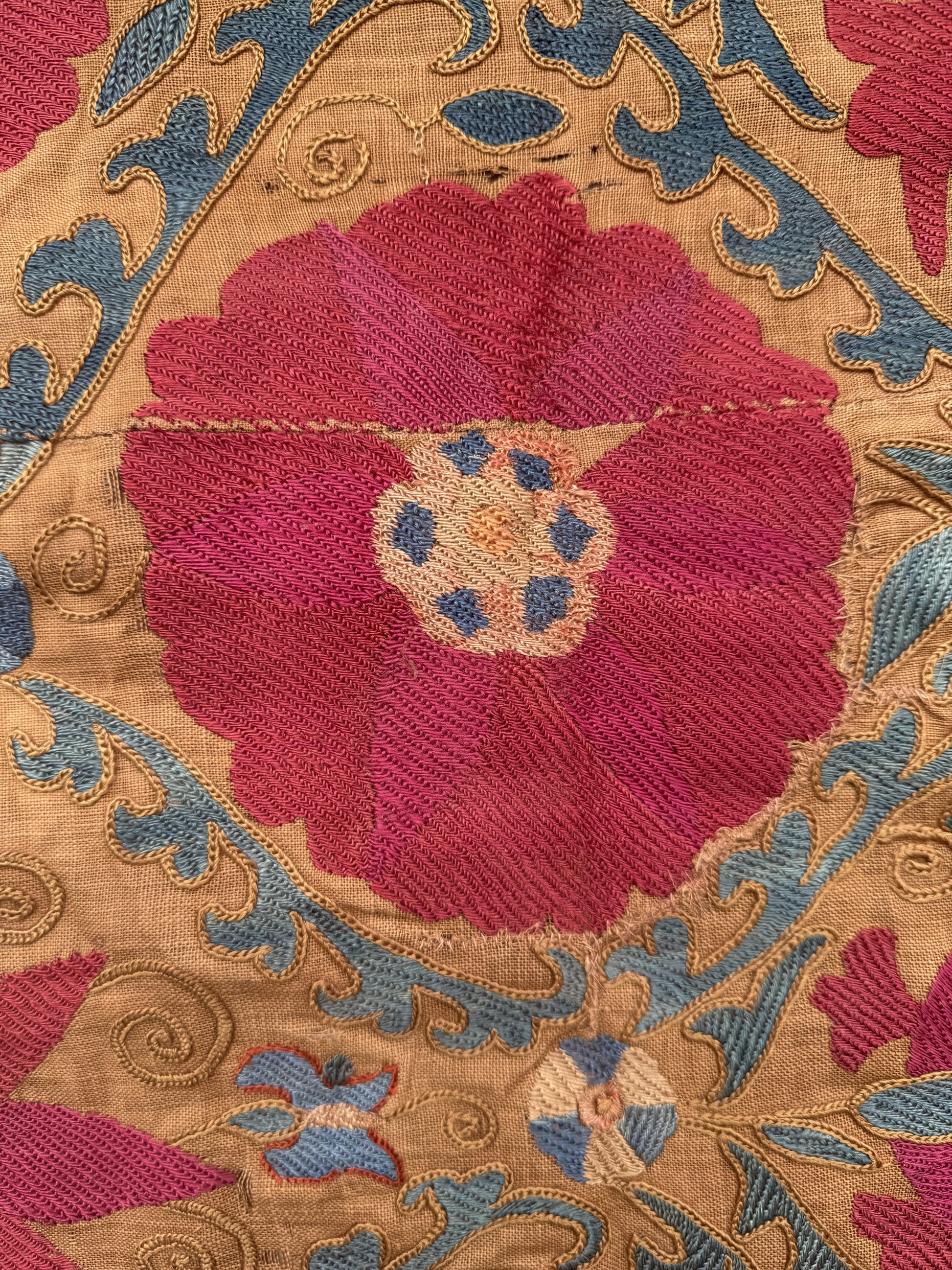 19th Century Uzbek Silk Embroidery Antique Pomegranate & Floral Suzani