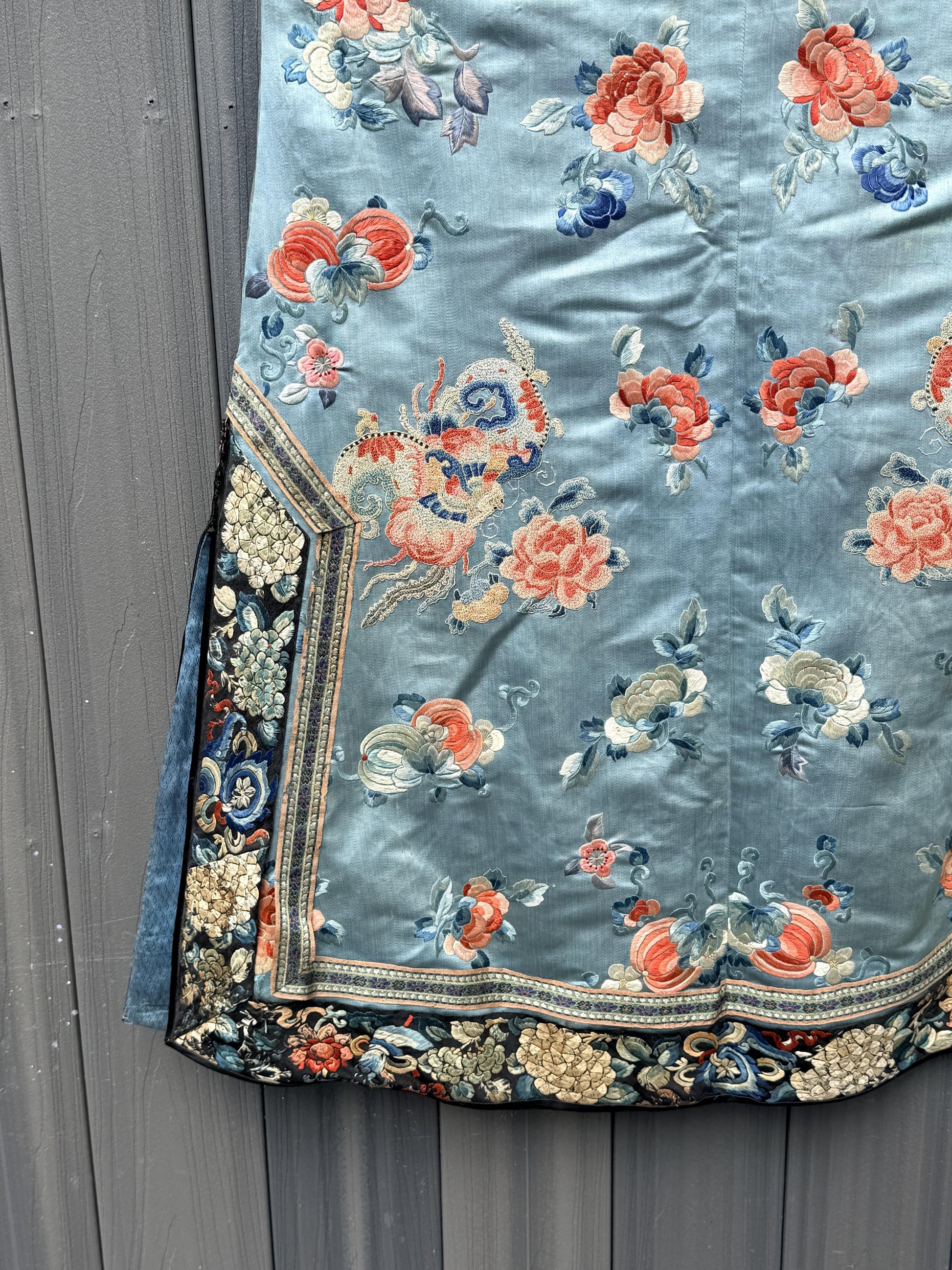 Qing Dynasty Blue Silk Embroidered Robe Peking Knot Details