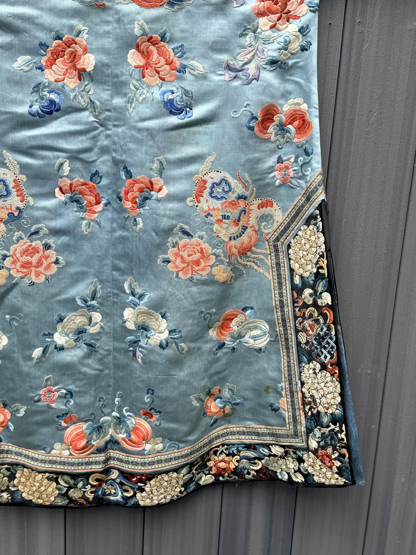 Qing Dynasty Blue Silk Embroidered Robe Peking Knot Details