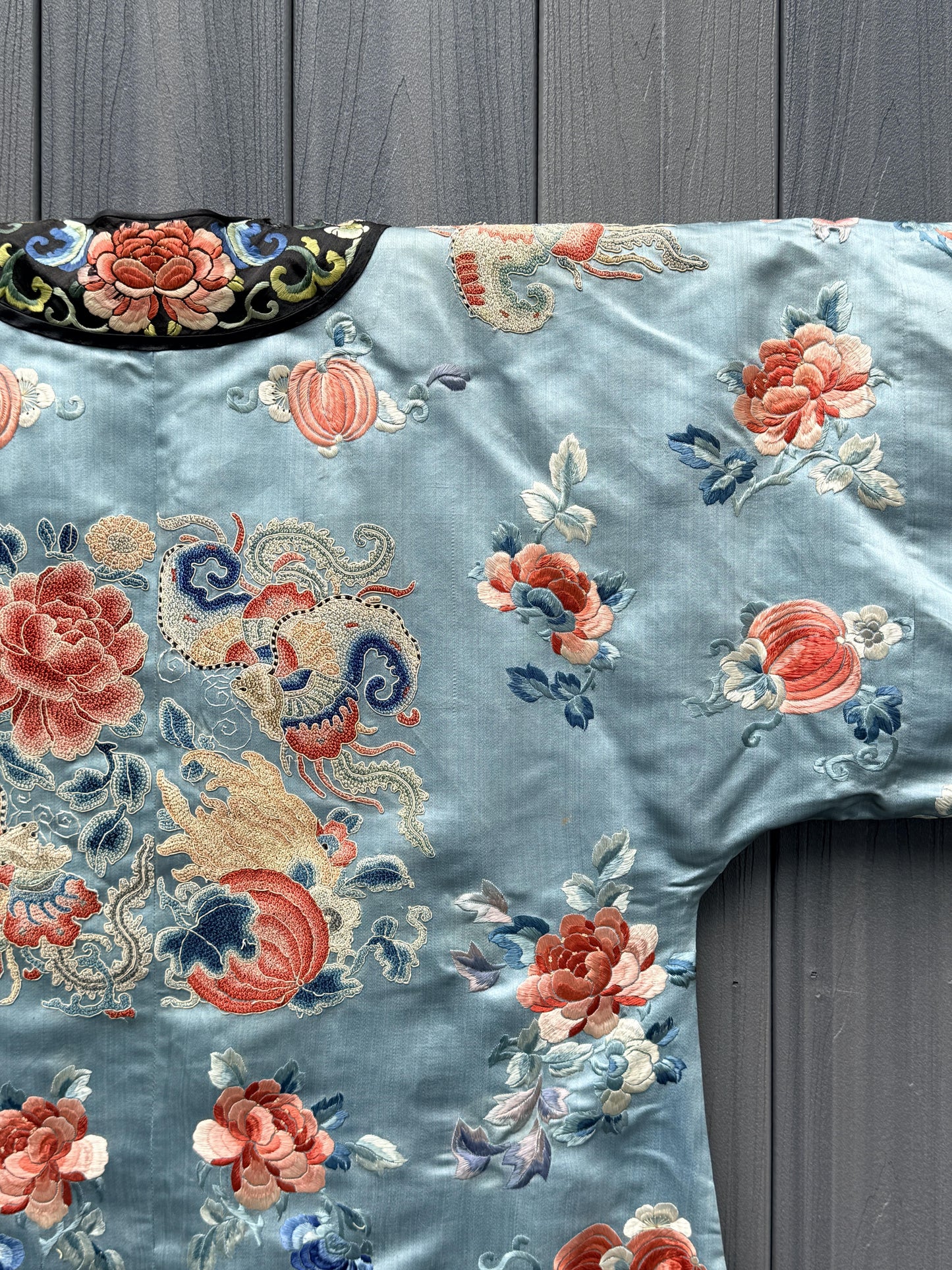 Qing Dynasty Blue Silk Embroidered Robe Peking Knot Details