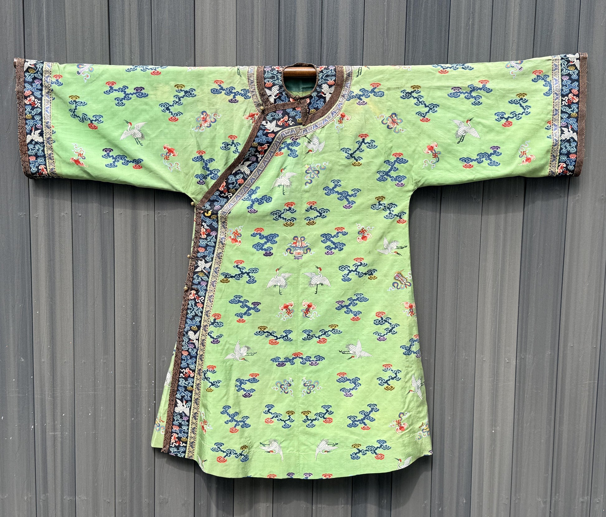 Antique Kesi Tapestry Silk Robe Crane & Cloud Motif Apple Green 69 x 52