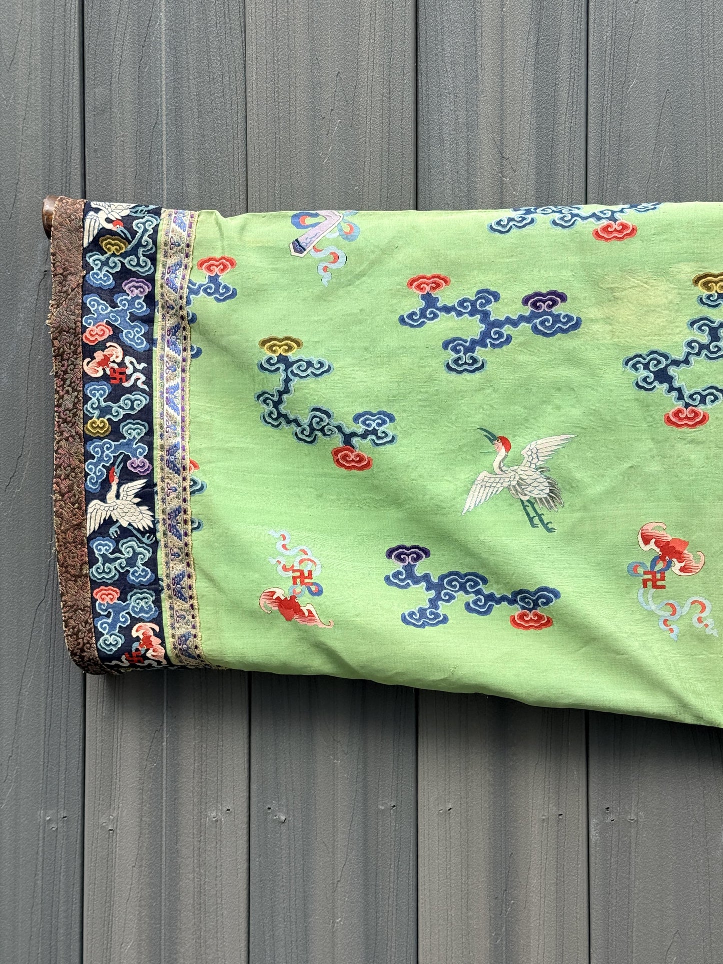 Antique Kesi Tapestry Silk Robe Crane & Cloud Motif Apple Green 69 x 52