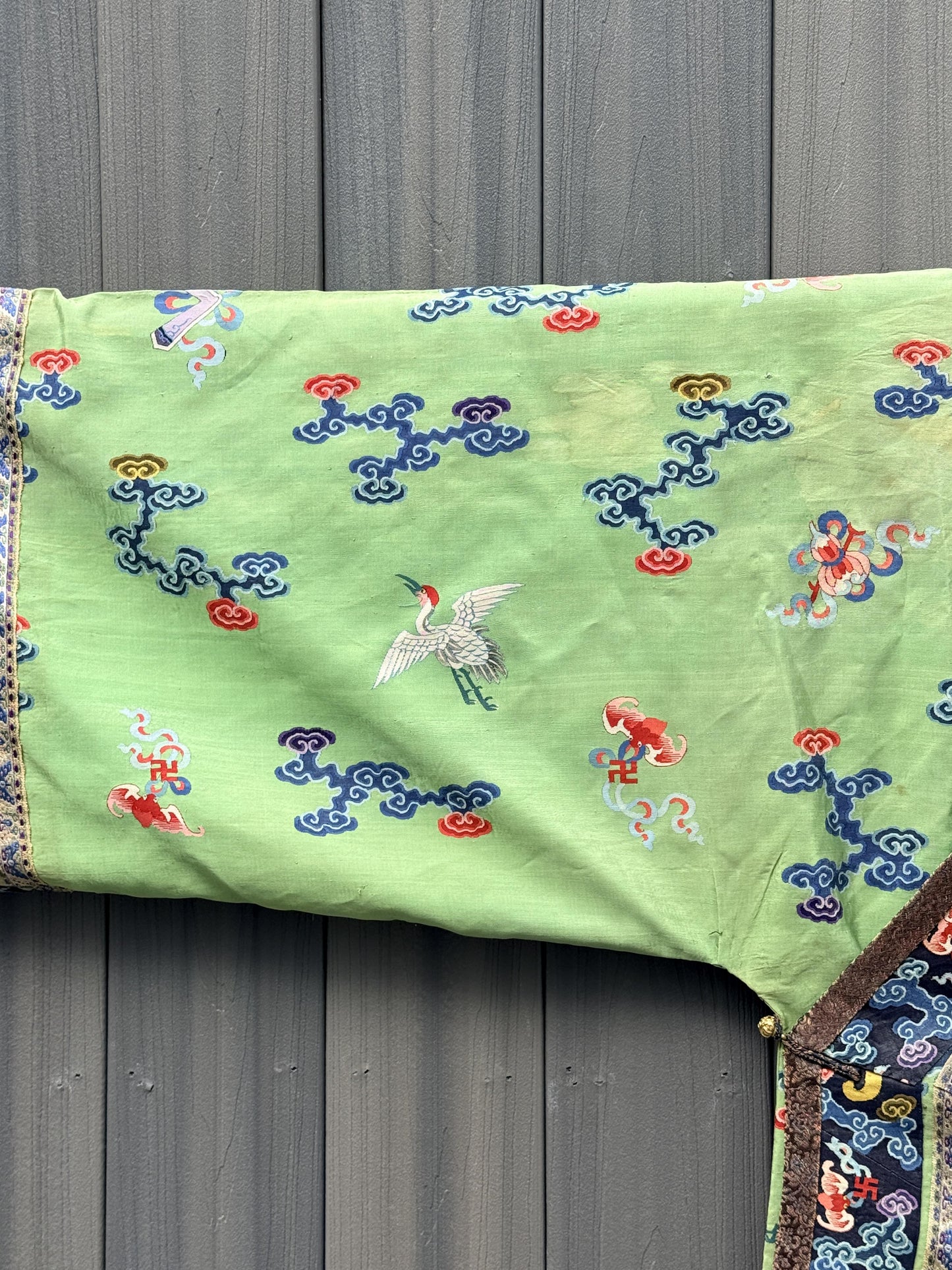Antique Kesi Tapestry Silk Robe Crane & Cloud Motif Apple Green 69 x 52