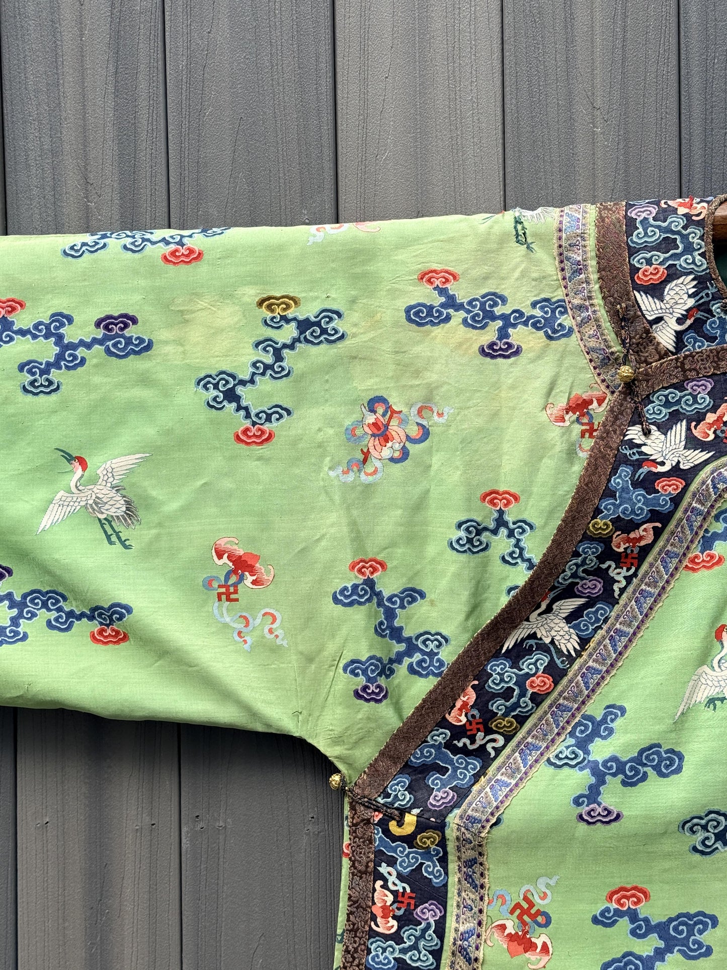 Antique Kesi Tapestry Silk Robe Crane & Cloud Motif Apple Green 69 x 52