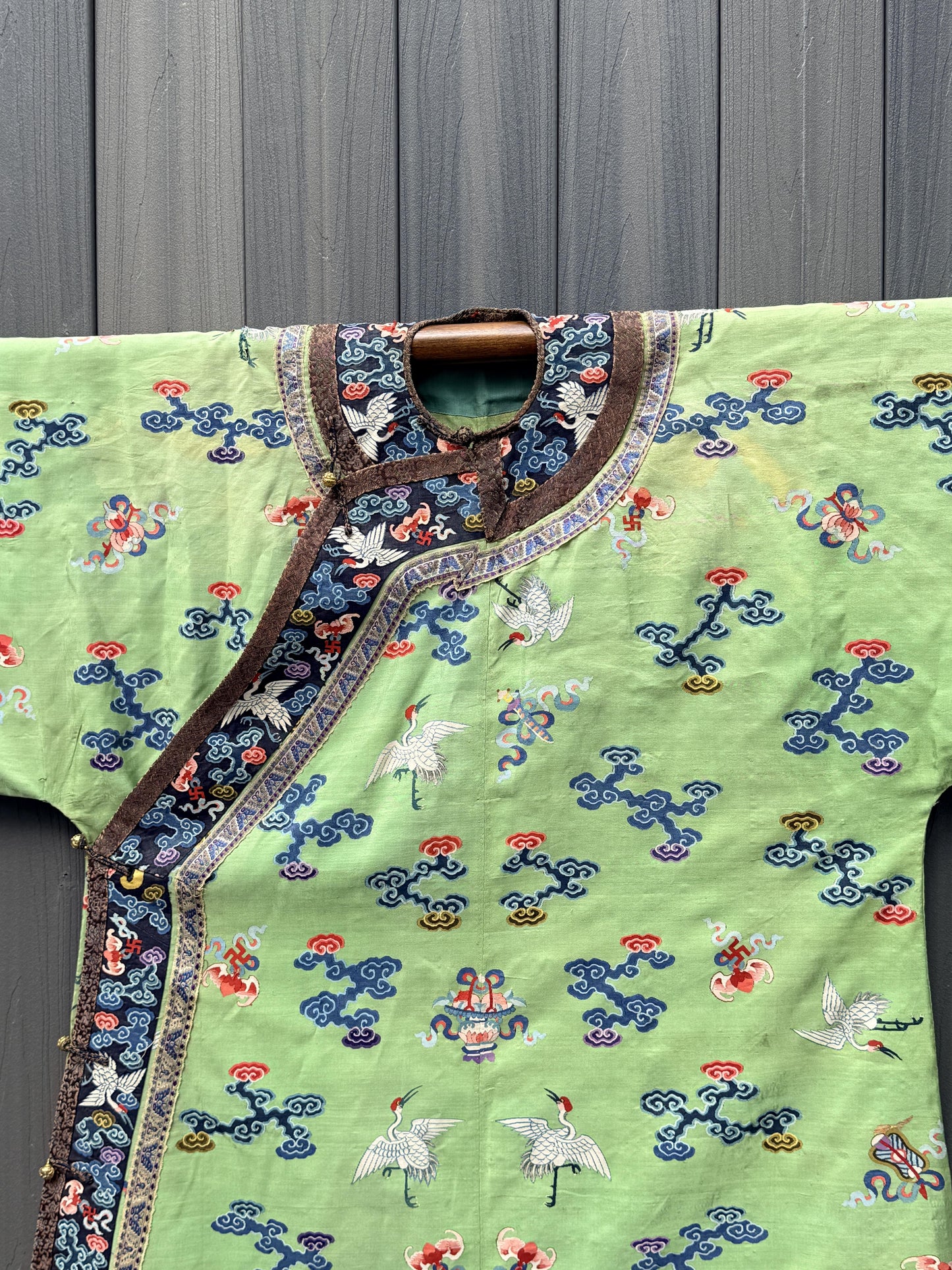 Antique Kesi Tapestry Silk Robe Crane & Cloud Motif Apple Green 69 x 52
