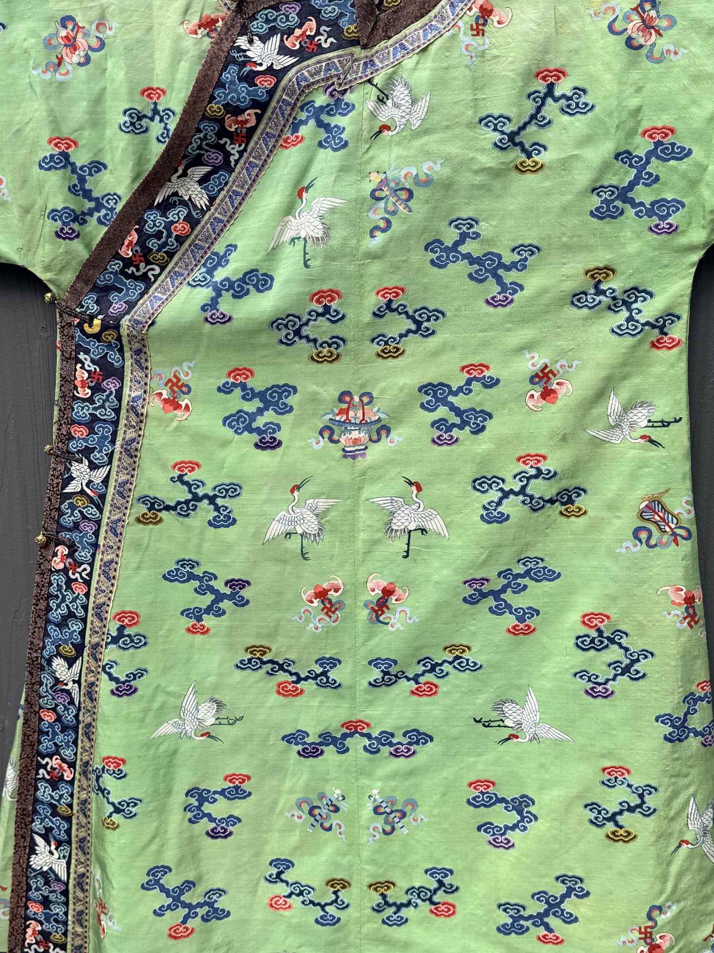 Antique Kesi Tapestry Silk Robe Crane & Cloud Motif Apple Green 69 x 52