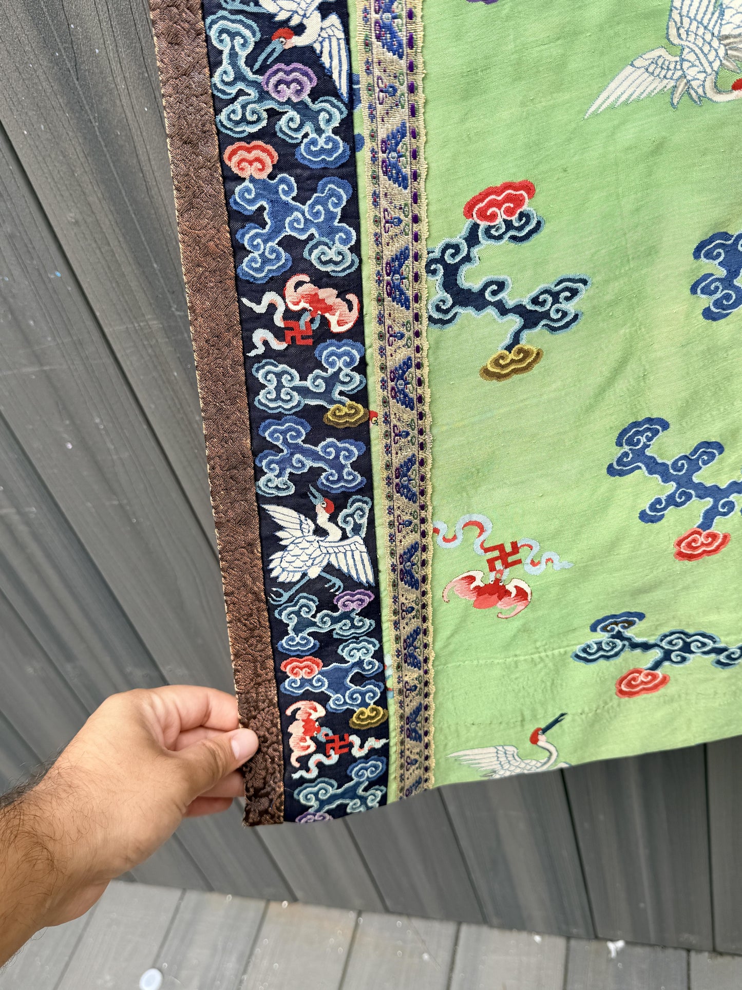 Antique Kesi Tapestry Silk Robe Crane & Cloud Motif Apple Green 69 x 52