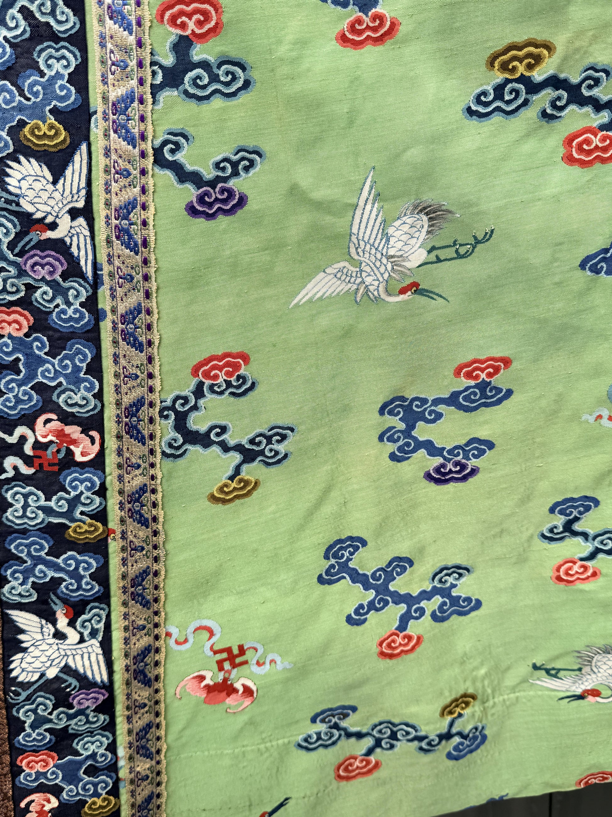 Antique Kesi Tapestry Silk Robe Crane & Cloud Motif Apple Green 69 x 52