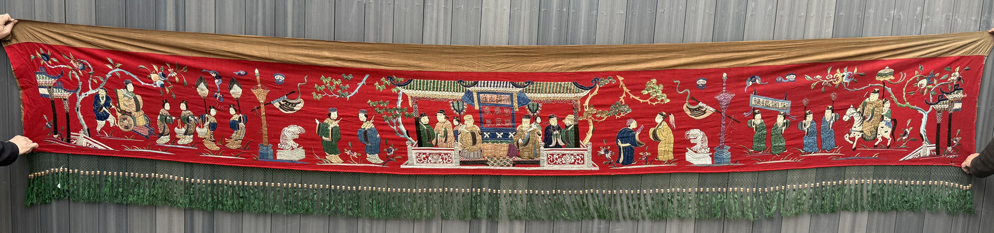 Massive Late Qing Dynasty Chinese Silk & Felt Narrative Textile Panel