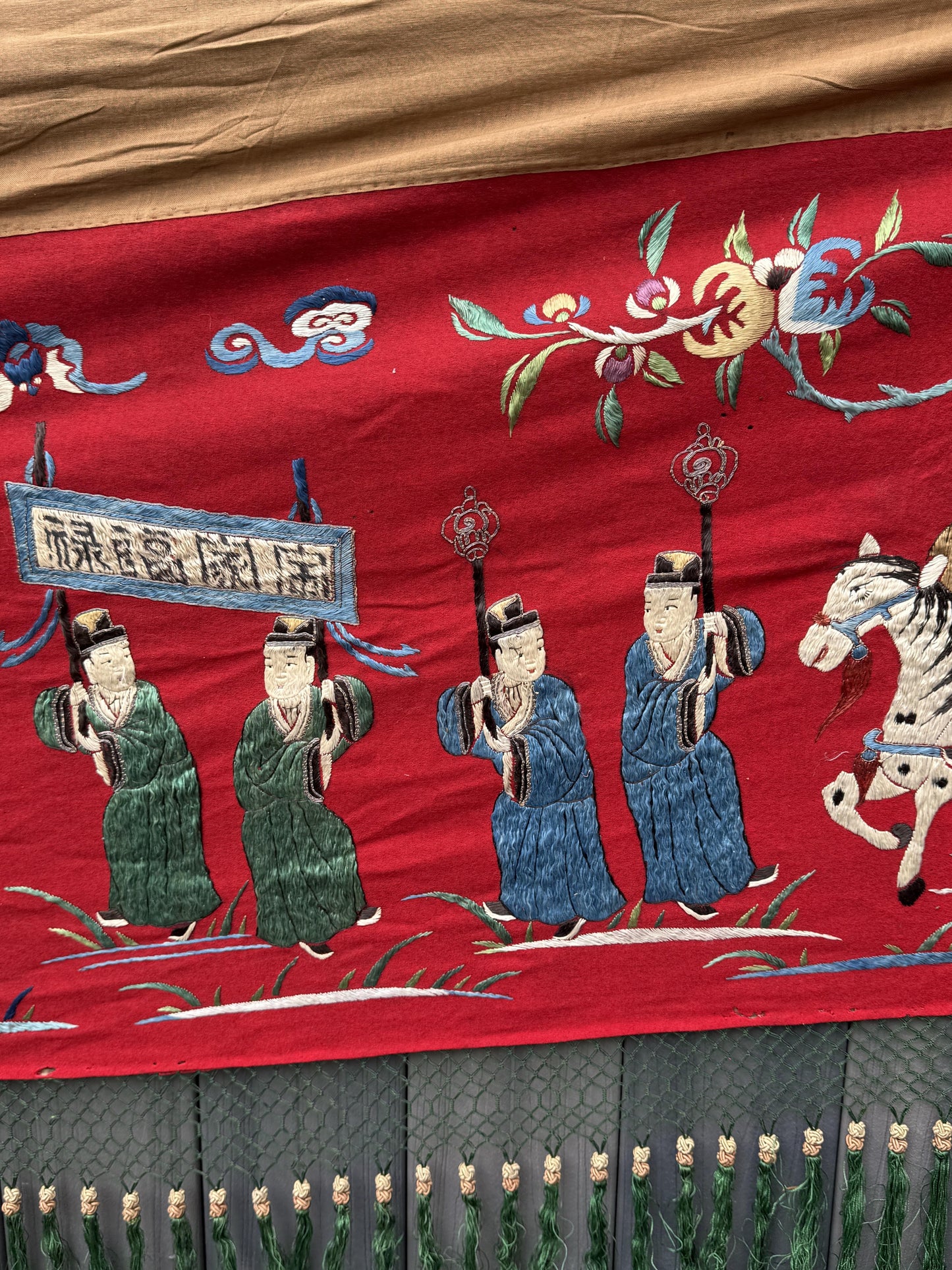 Massive Late Qing Dynasty Chinese Silk & Felt Narrative Textile Panel