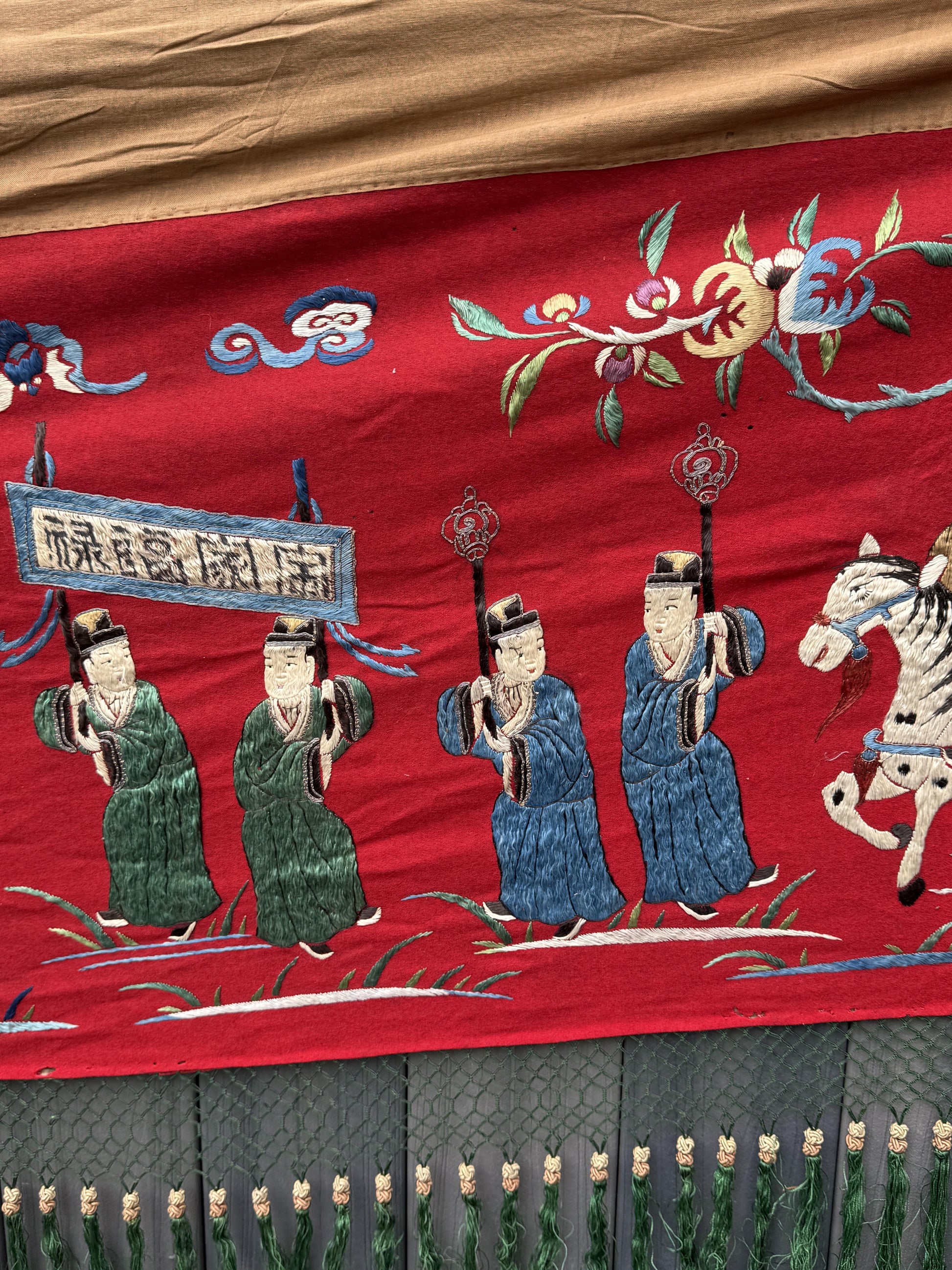 Massive Late Qing Dynasty Chinese Silk & Felt Narrative Textile Panel