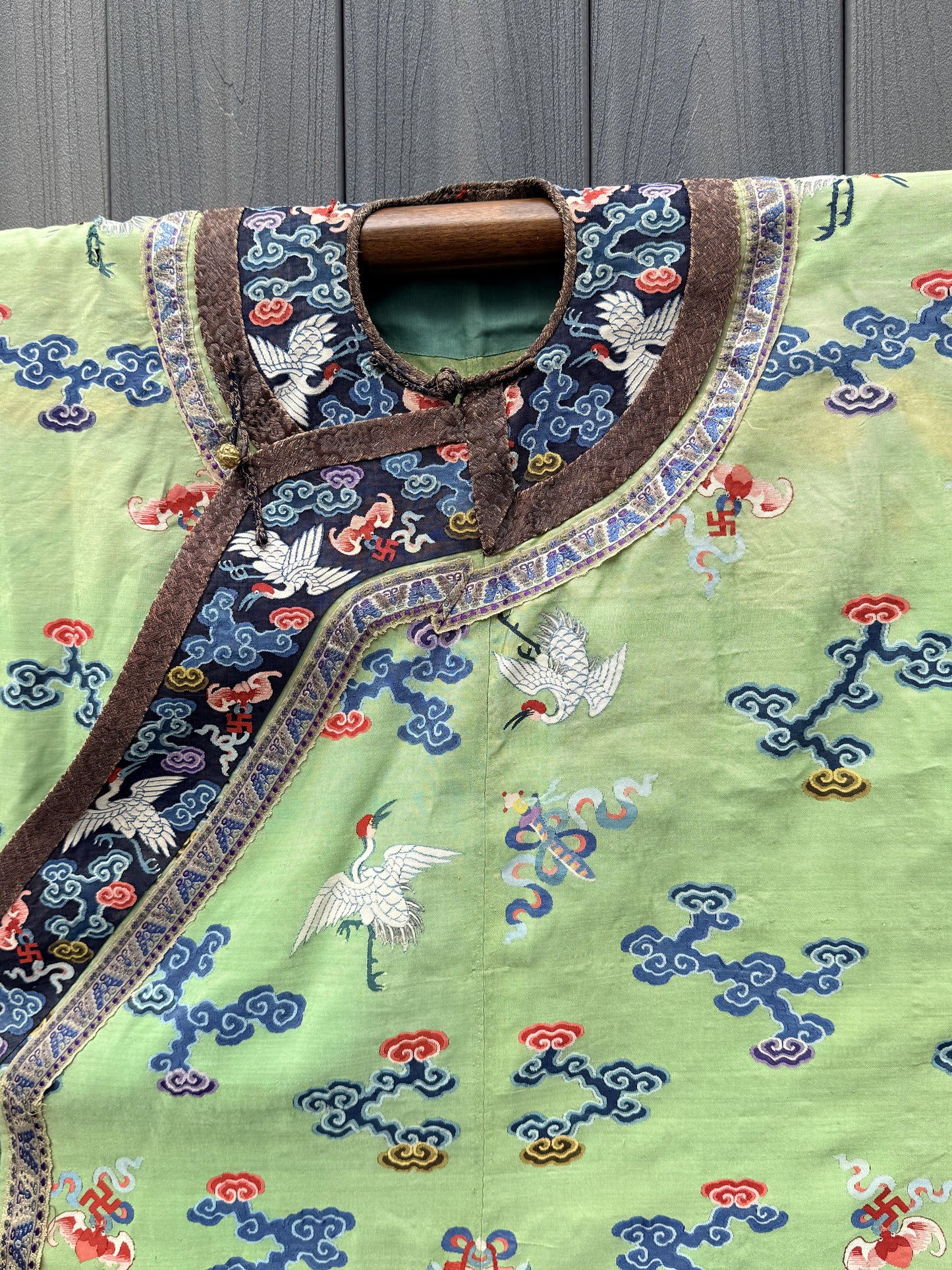 Antique Kesi Tapestry Silk Robe Crane & Cloud Motif Apple Green 69 x 52