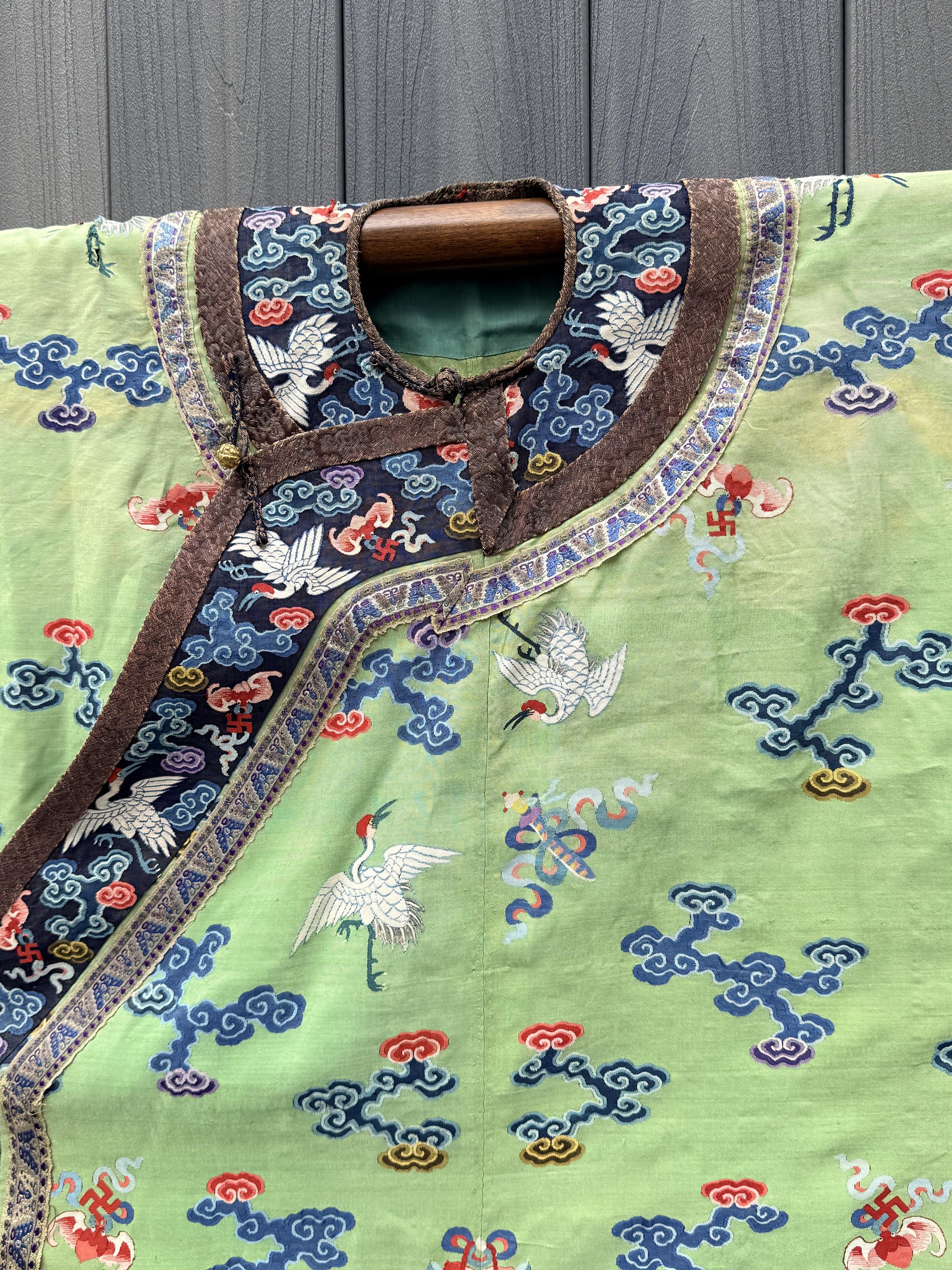 Antique Kesi Tapestry Silk Robe Crane & Cloud Motif Apple Green 69 x 52