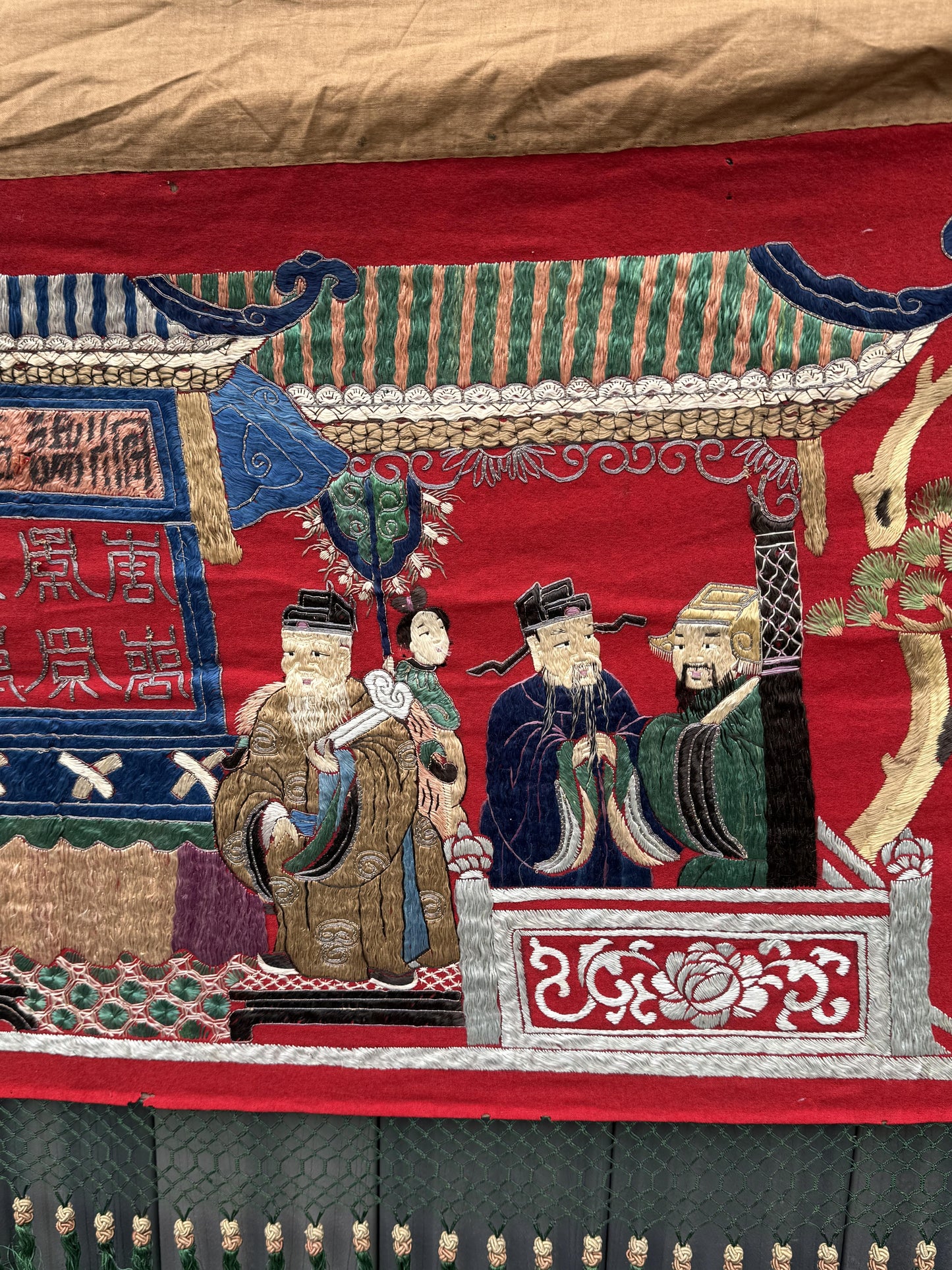Massive Late Qing Dynasty Chinese Silk & Felt Narrative Textile Panel