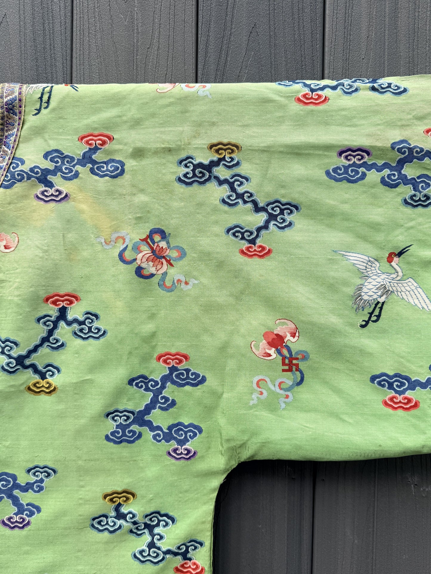 Antique Kesi Tapestry Silk Robe Crane & Cloud Motif Apple Green 69 x 52