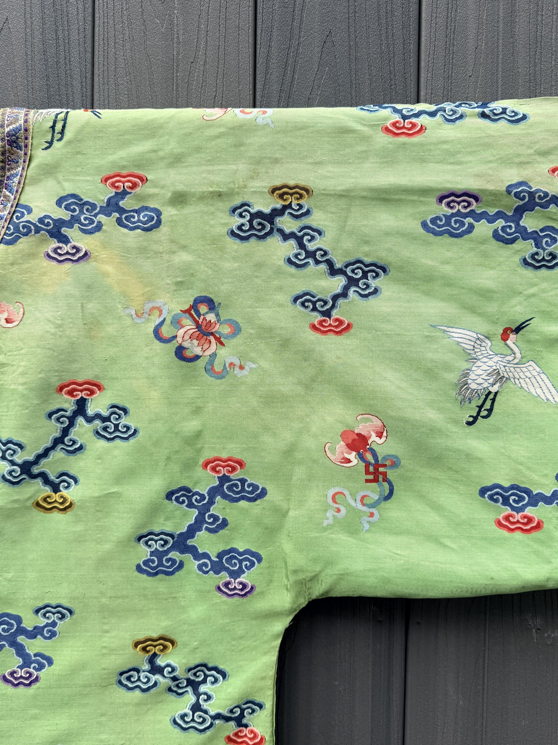 Antique Kesi Tapestry Silk Robe Crane & Cloud Motif Apple Green 69 x 52