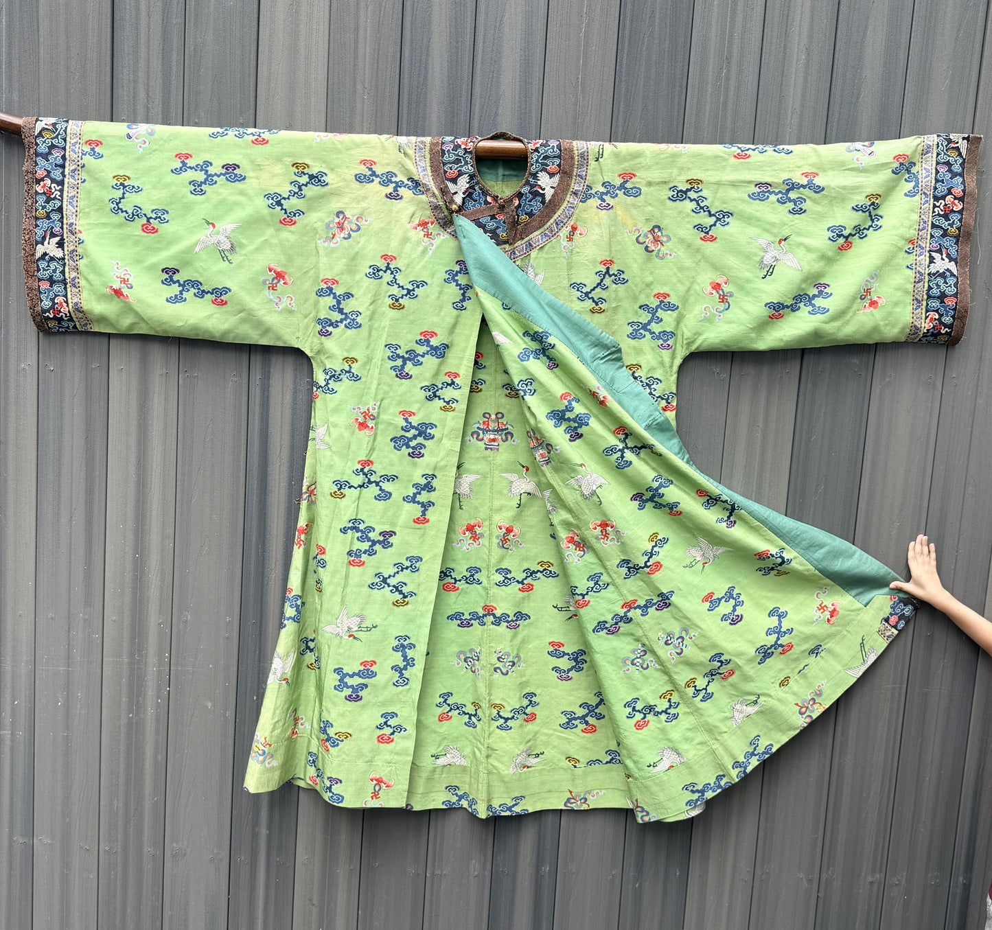 Antique Kesi Tapestry Silk Robe Crane & Cloud Motif Apple Green 69 x 52