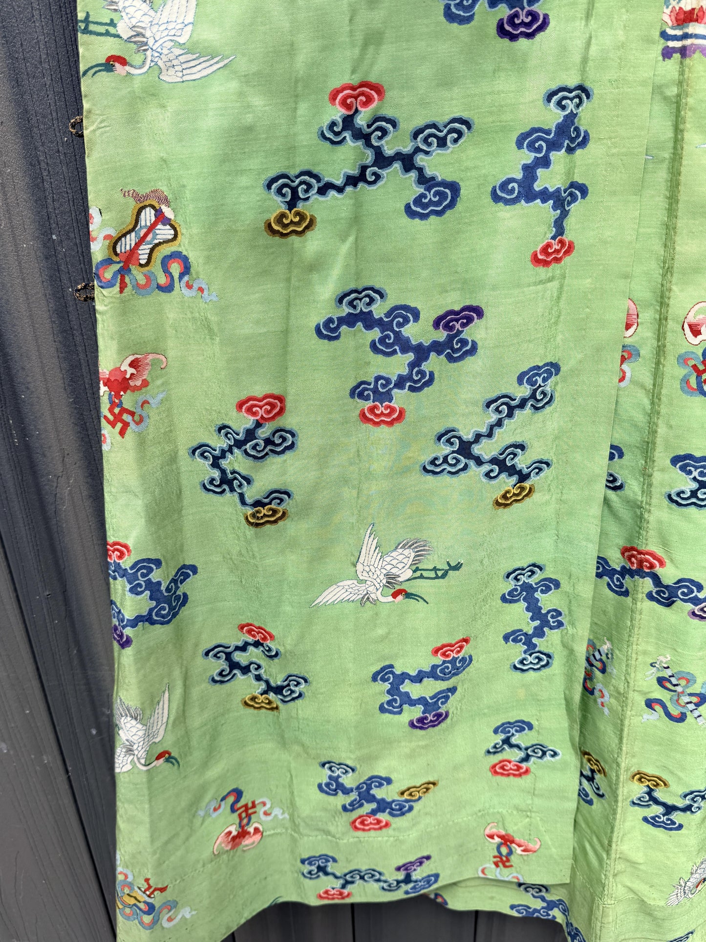 Antique Kesi Tapestry Silk Robe Crane & Cloud Motif Apple Green 69 x 52