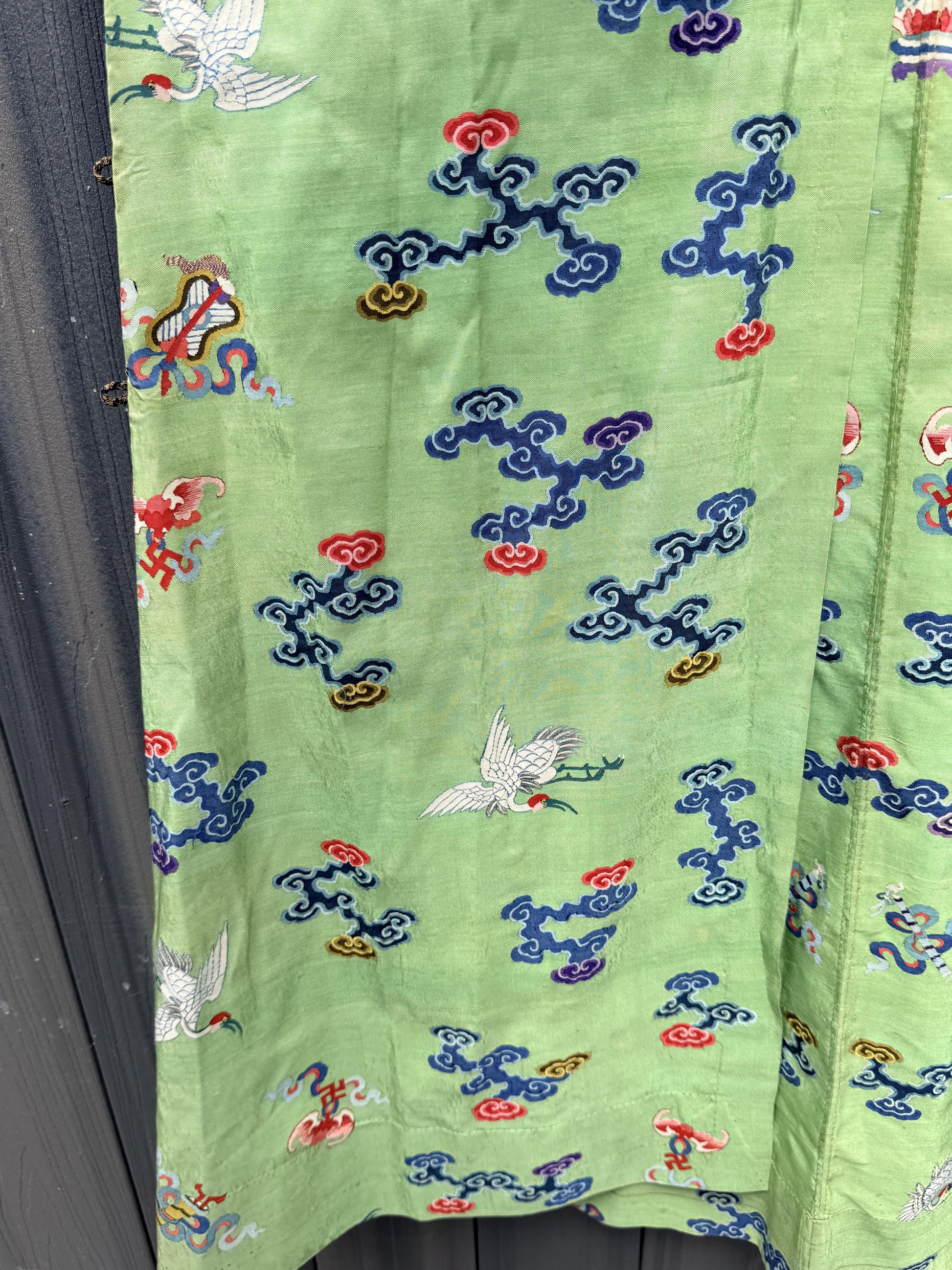 Antique Kesi Tapestry Silk Robe Crane & Cloud Motif Apple Green 69 x 52