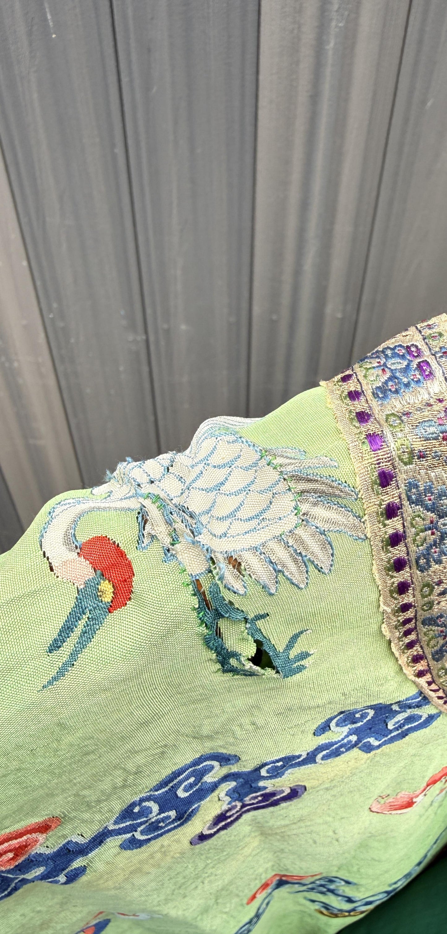 Antique Kesi Tapestry Silk Robe Crane & Cloud Motif Apple Green 69 x 52