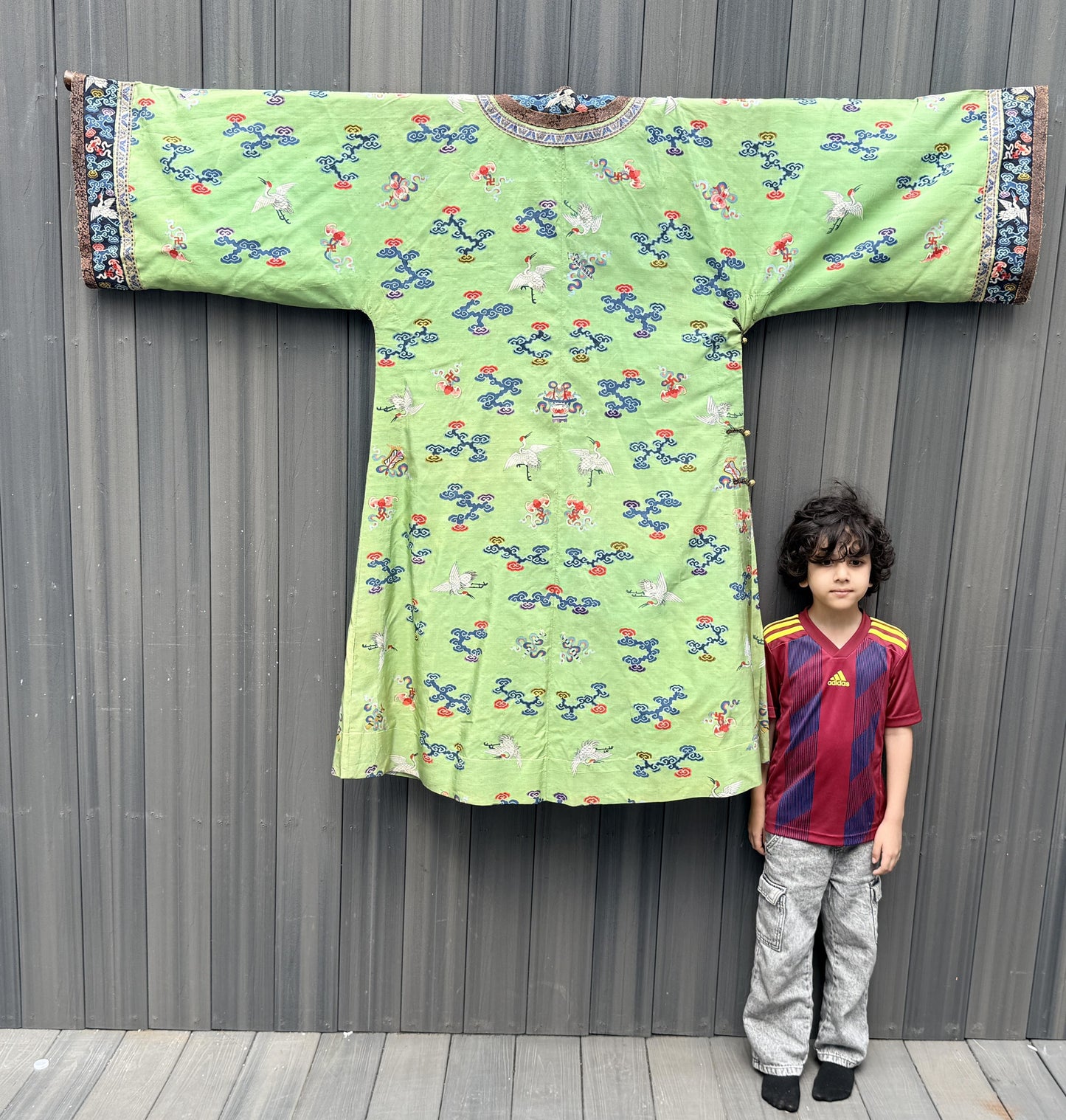 Antique Kesi Tapestry Silk Robe Crane & Cloud Motif Apple Green 69 x 52