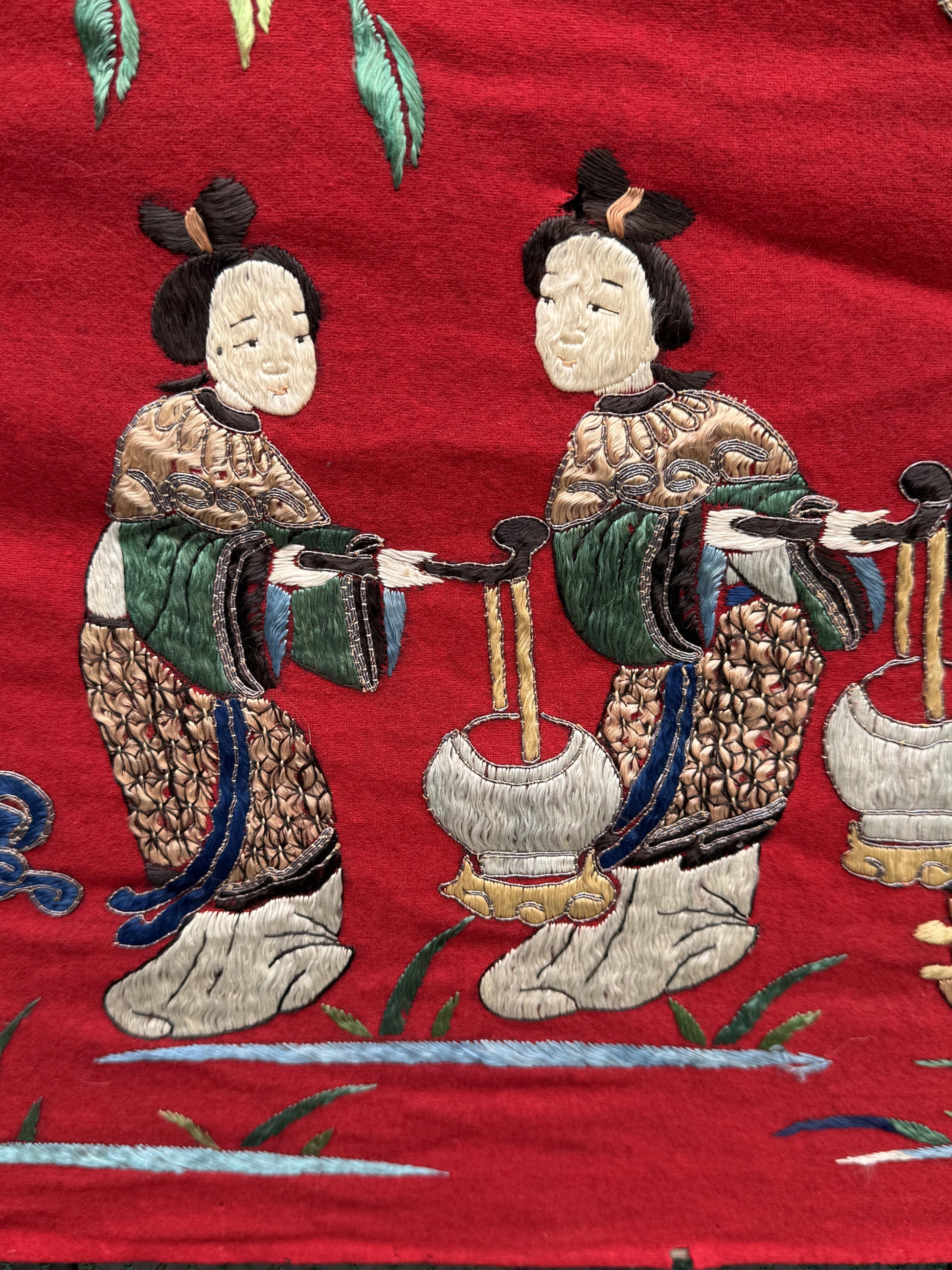 Massive Late Qing Dynasty Chinese Silk & Felt Narrative Textile Panel