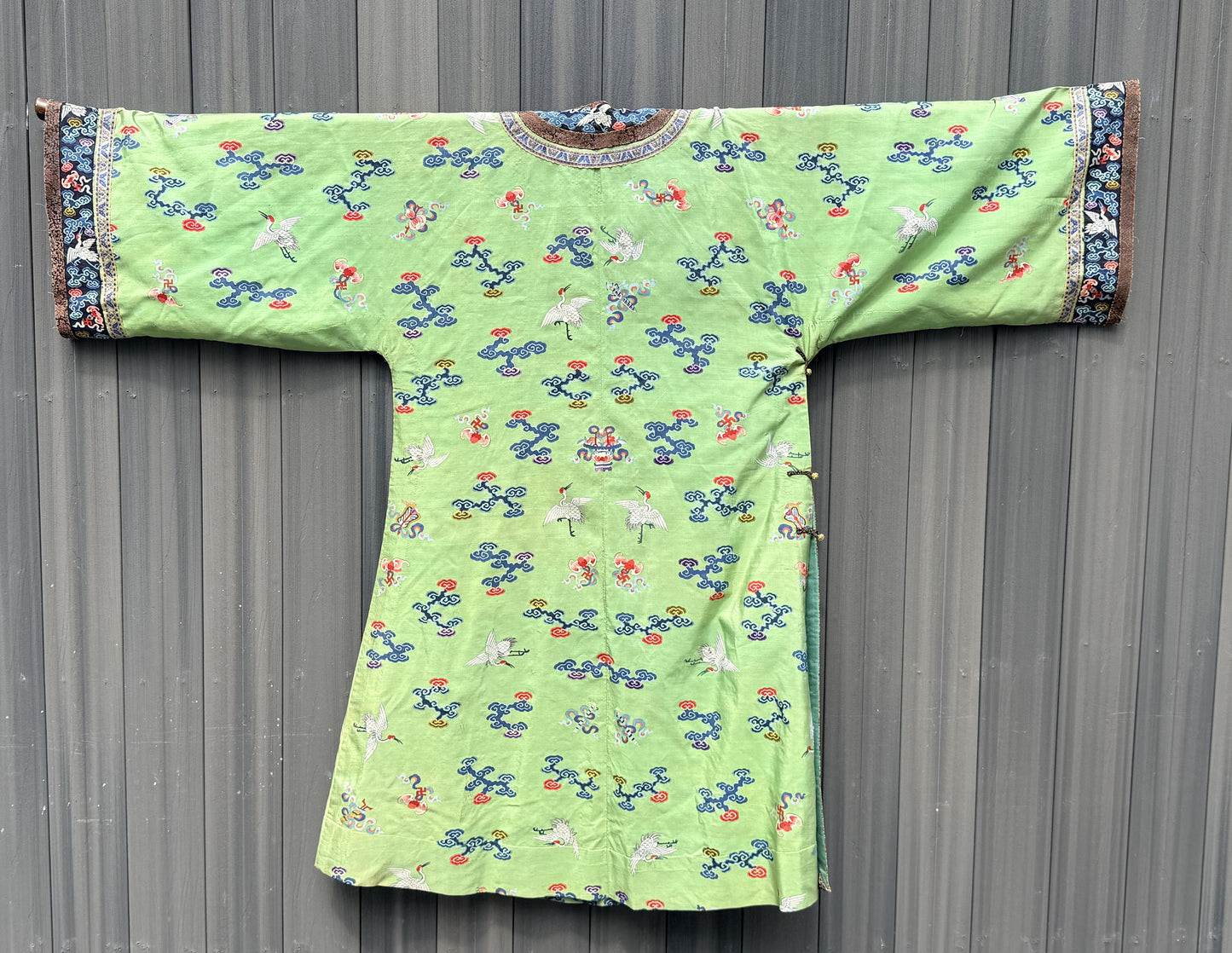 Antique Kesi Tapestry Silk Robe Crane & Cloud Motif Apple Green 69 x 52