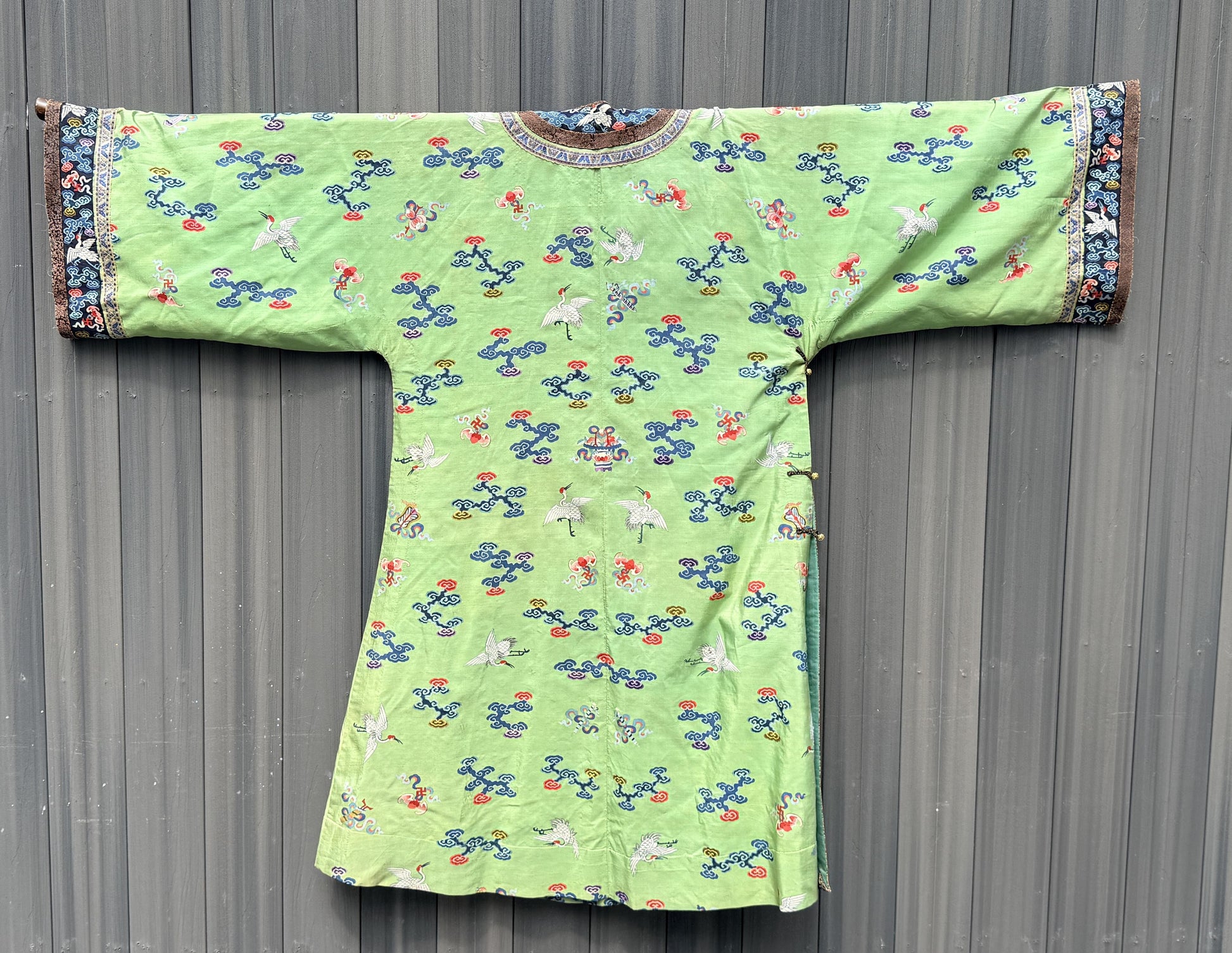 Antique Kesi Tapestry Silk Robe Crane & Cloud Motif Apple Green 69 x 52