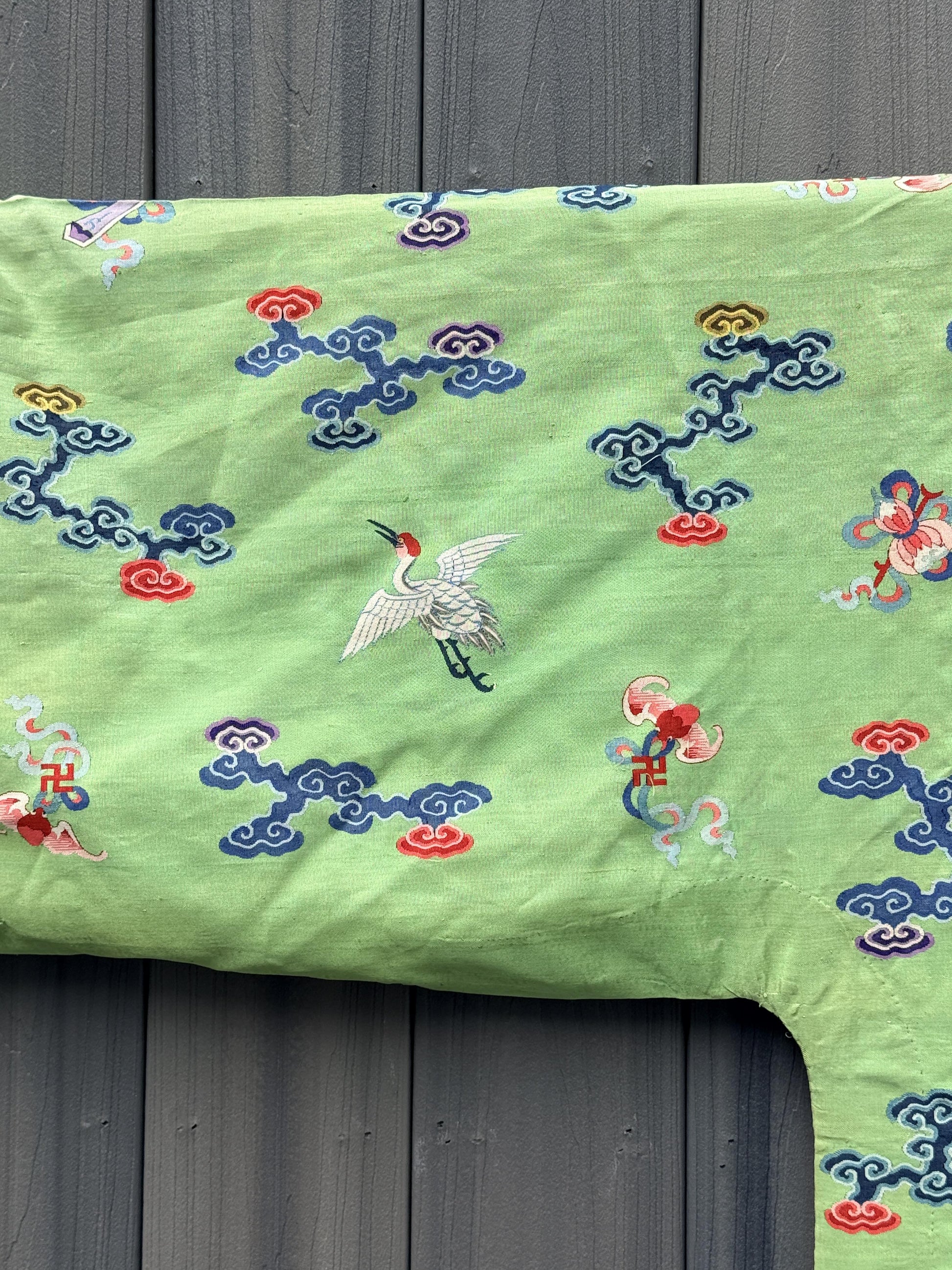 Antique Kesi Tapestry Silk Robe Crane & Cloud Motif Apple Green 69 x 52