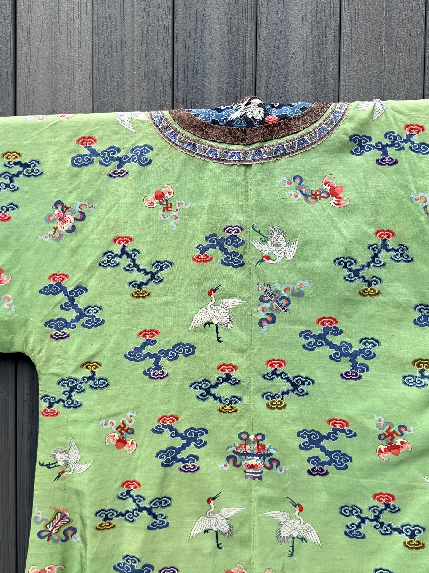 Antique Kesi Tapestry Silk Robe Crane & Cloud Motif Apple Green 69 x 52