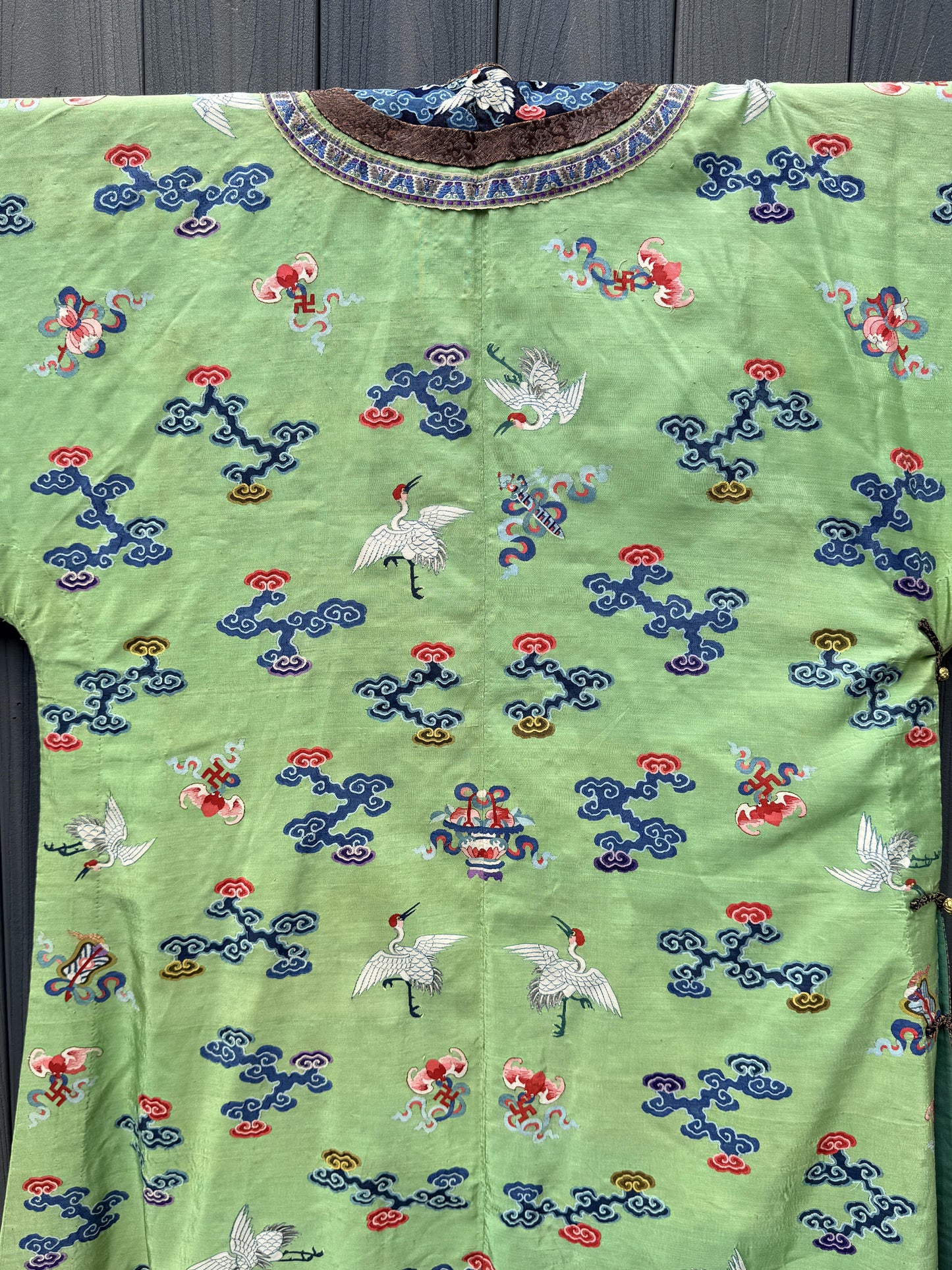 Antique Kesi Tapestry Silk Robe Crane & Cloud Motif Apple Green 69 x 52