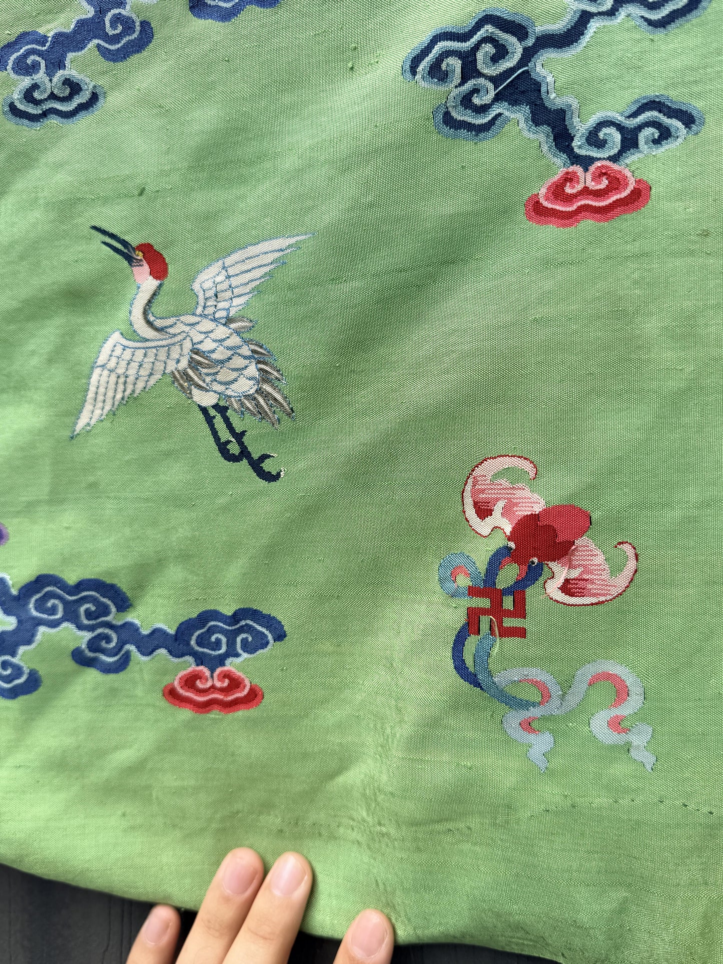 Antique Kesi Tapestry Silk Robe Crane & Cloud Motif Apple Green 69 x 52