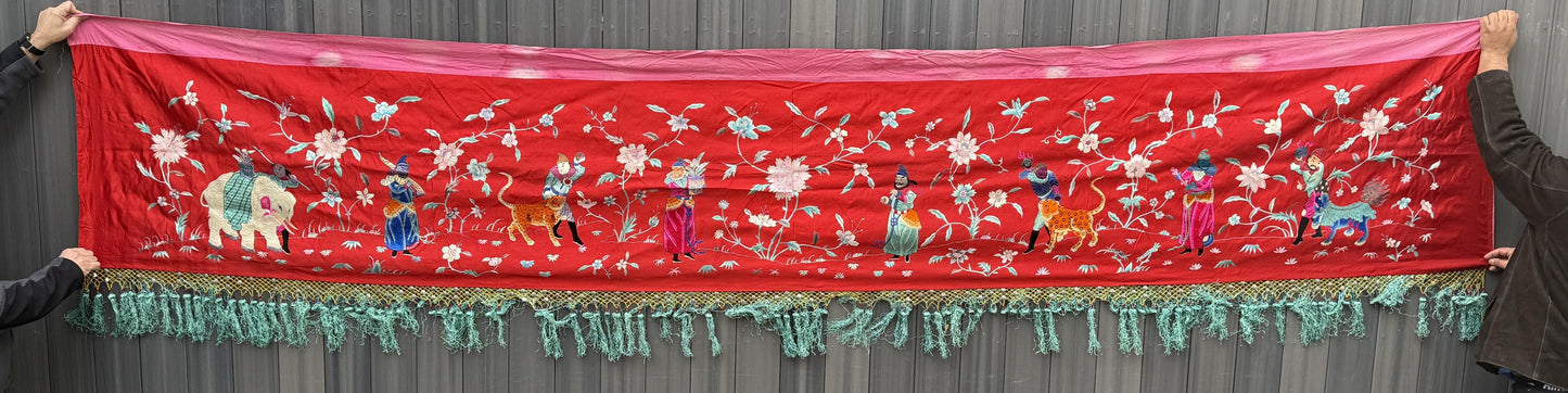 Large Late Qing Dynasty Silk Embroidery on Red Satin Textile