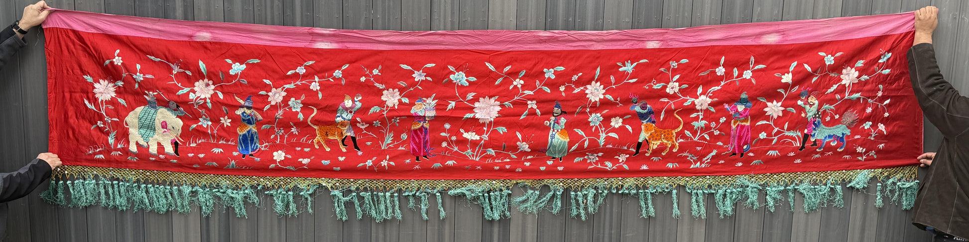 Large Late Qing Dynasty Silk Embroidery on Red Satin Textile
