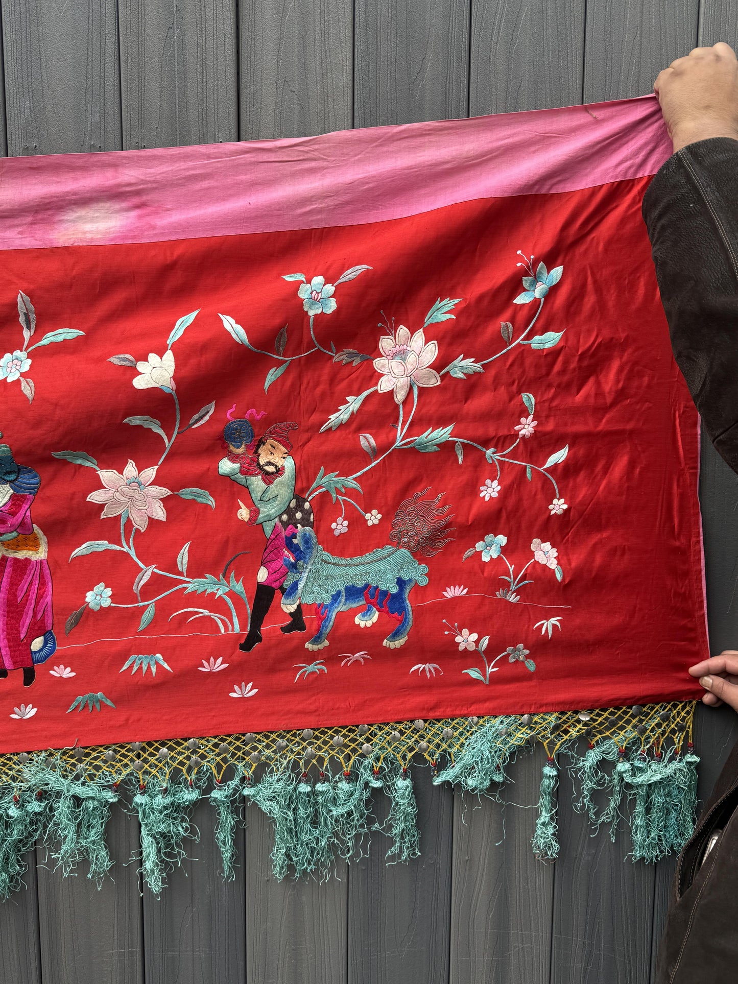 Large Late Qing Dynasty Silk Embroidery on Red Satin Textile
