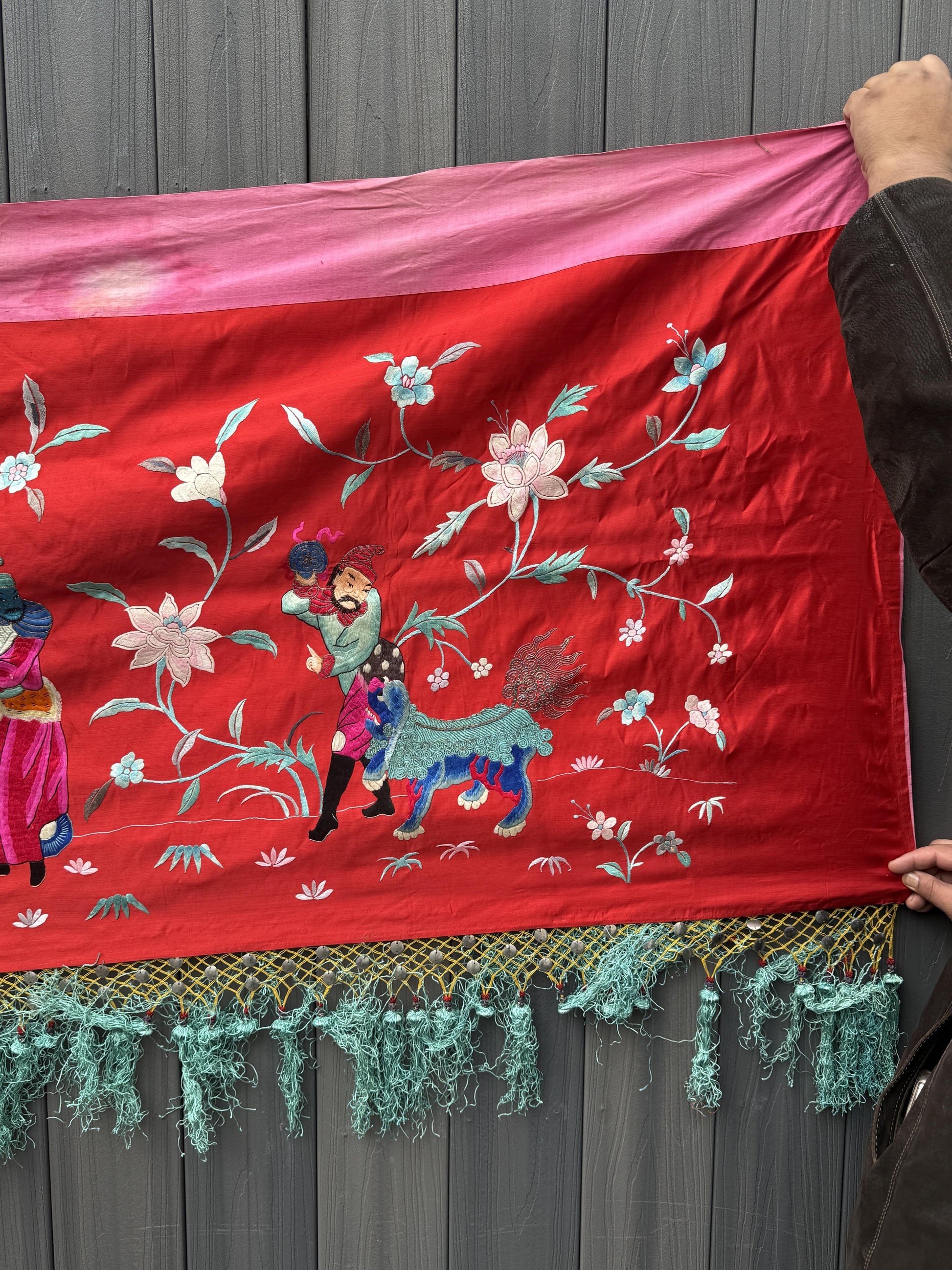 Large Late Qing Dynasty Silk Embroidery on Red Satin Textile