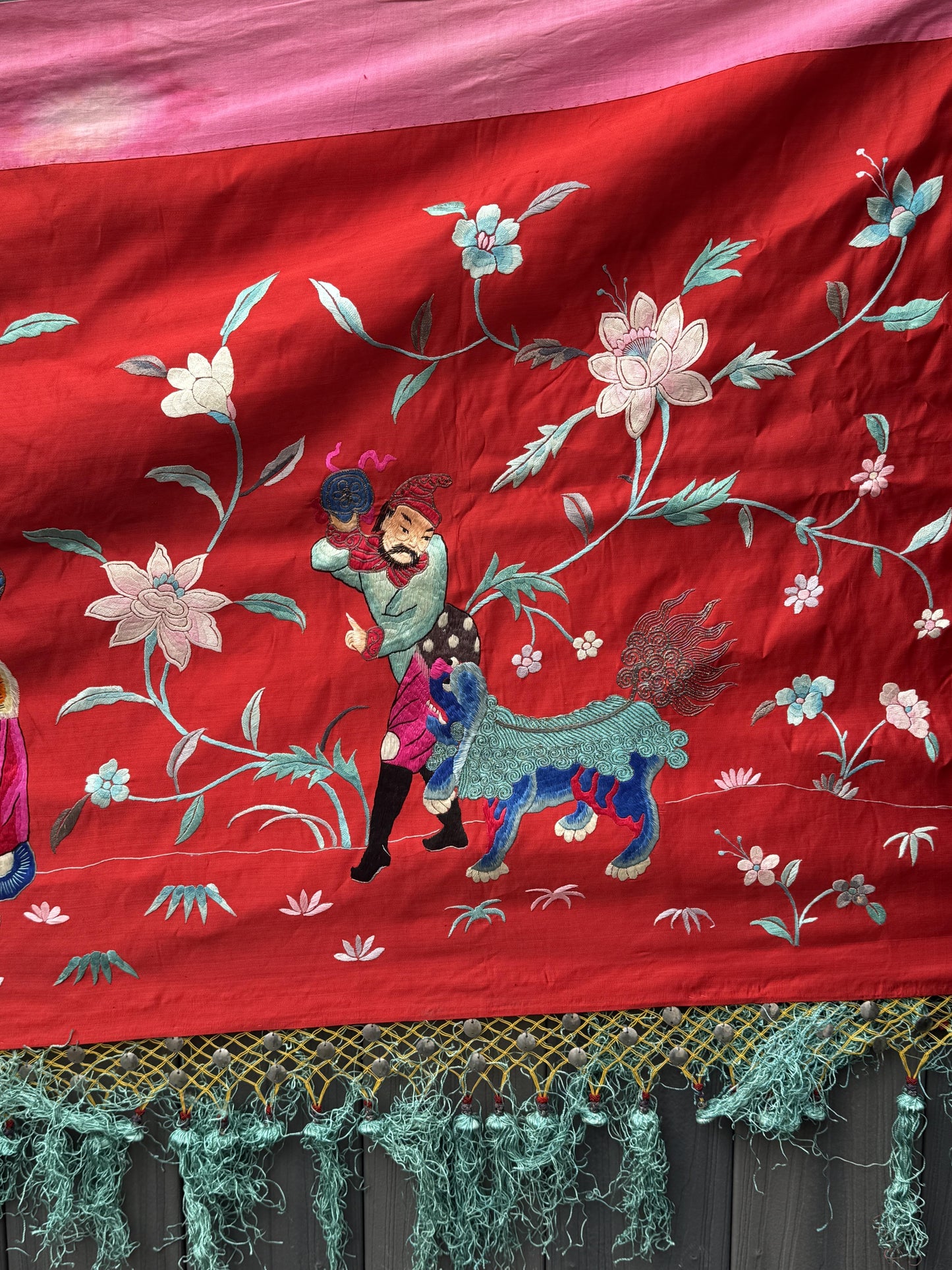 Large Late Qing Dynasty Silk Embroidery on Red Satin Textile