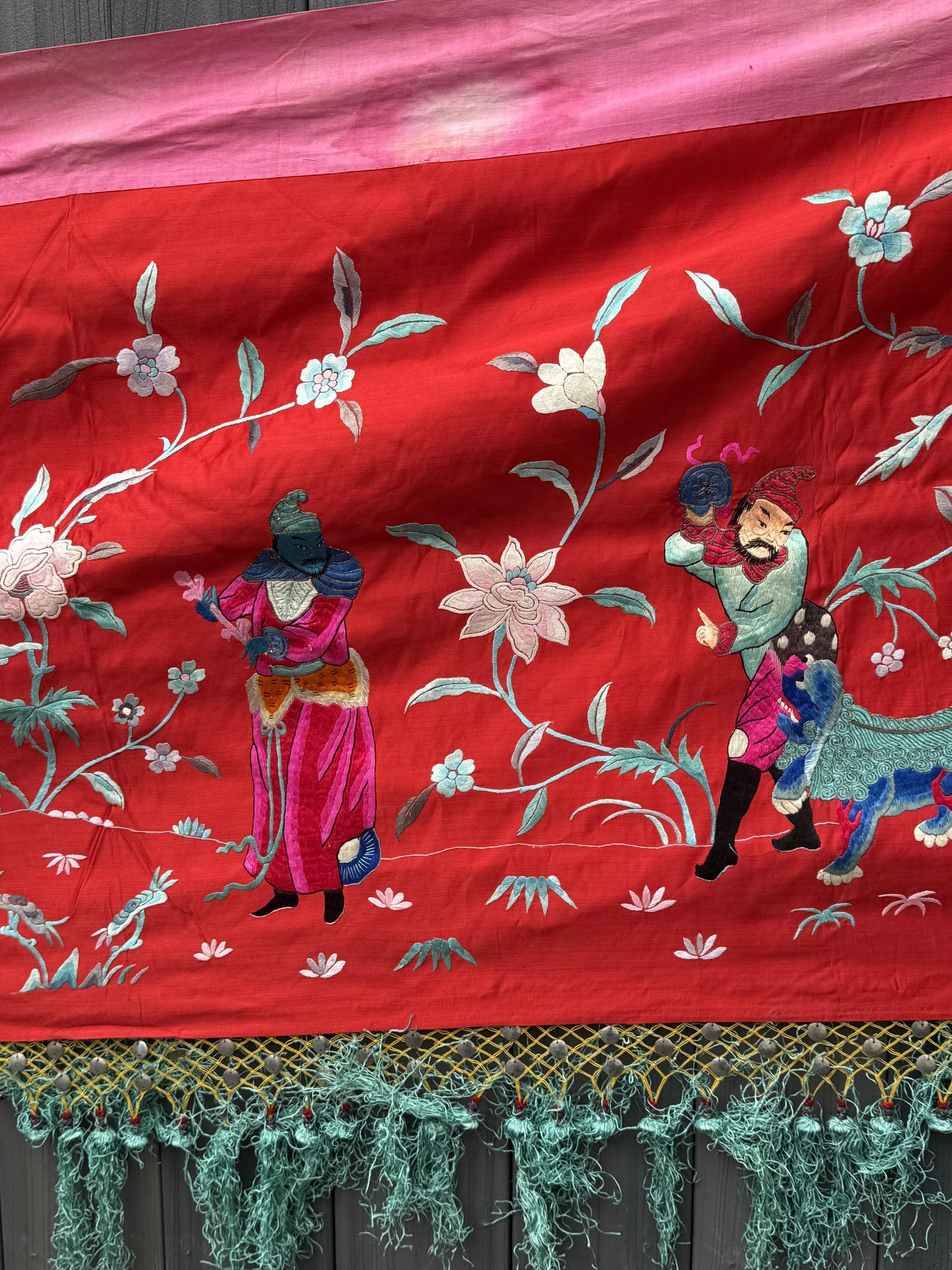 Large Late Qing Dynasty Silk Embroidery on Red Satin Textile
