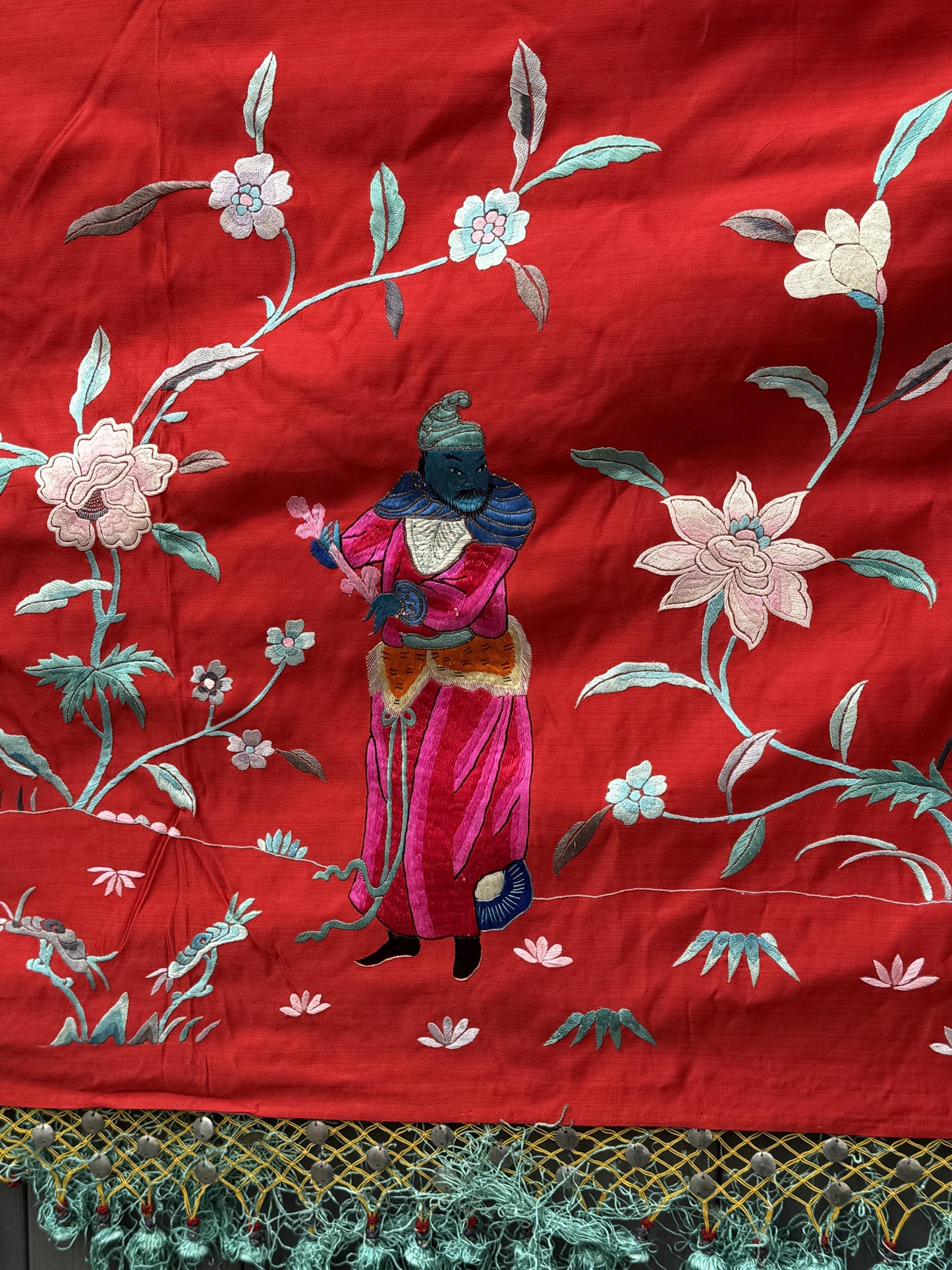 Large Late Qing Dynasty Silk Embroidery on Red Satin Textile