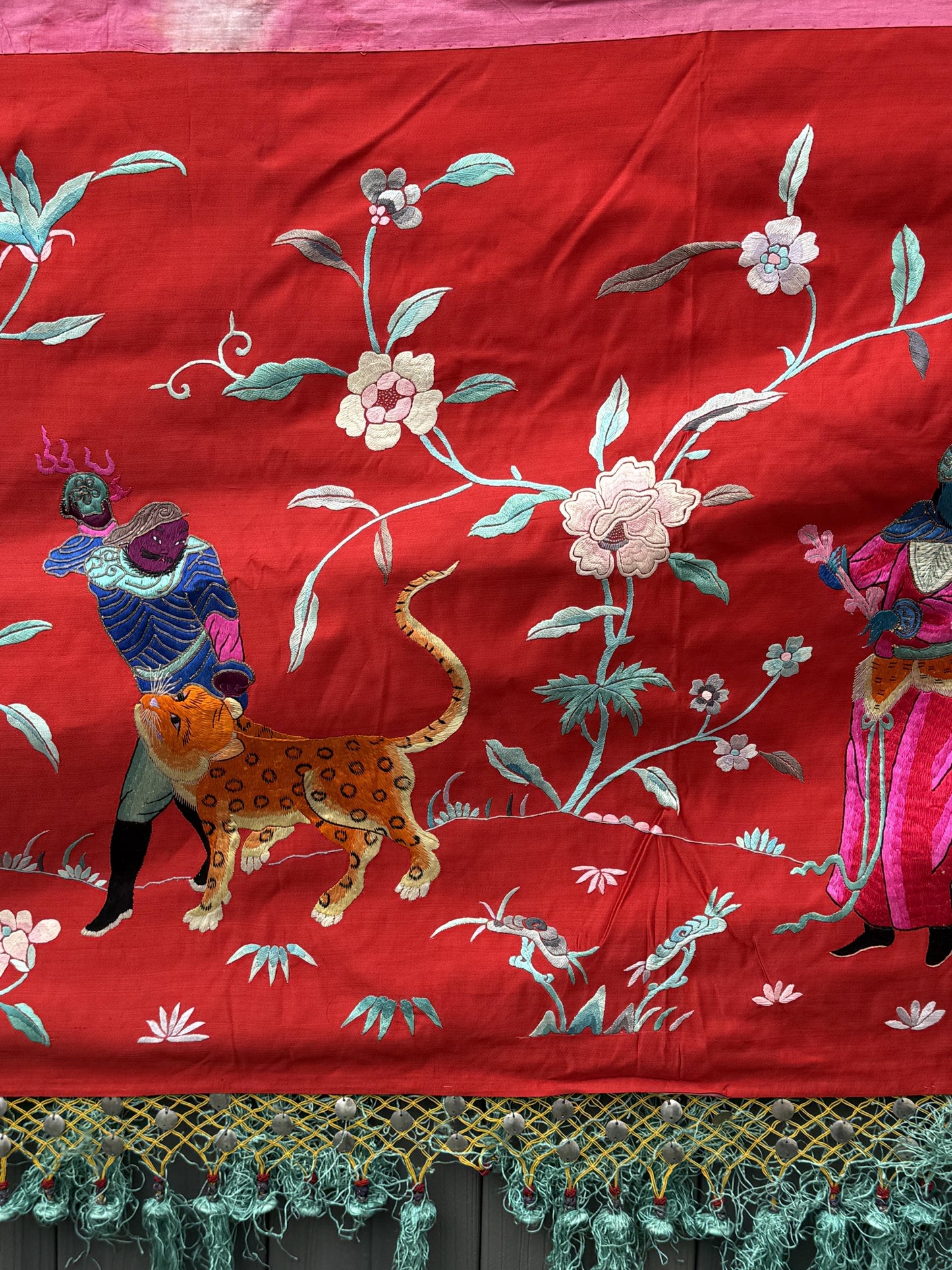 Large Late Qing Dynasty Silk Embroidery on Red Satin Textile
