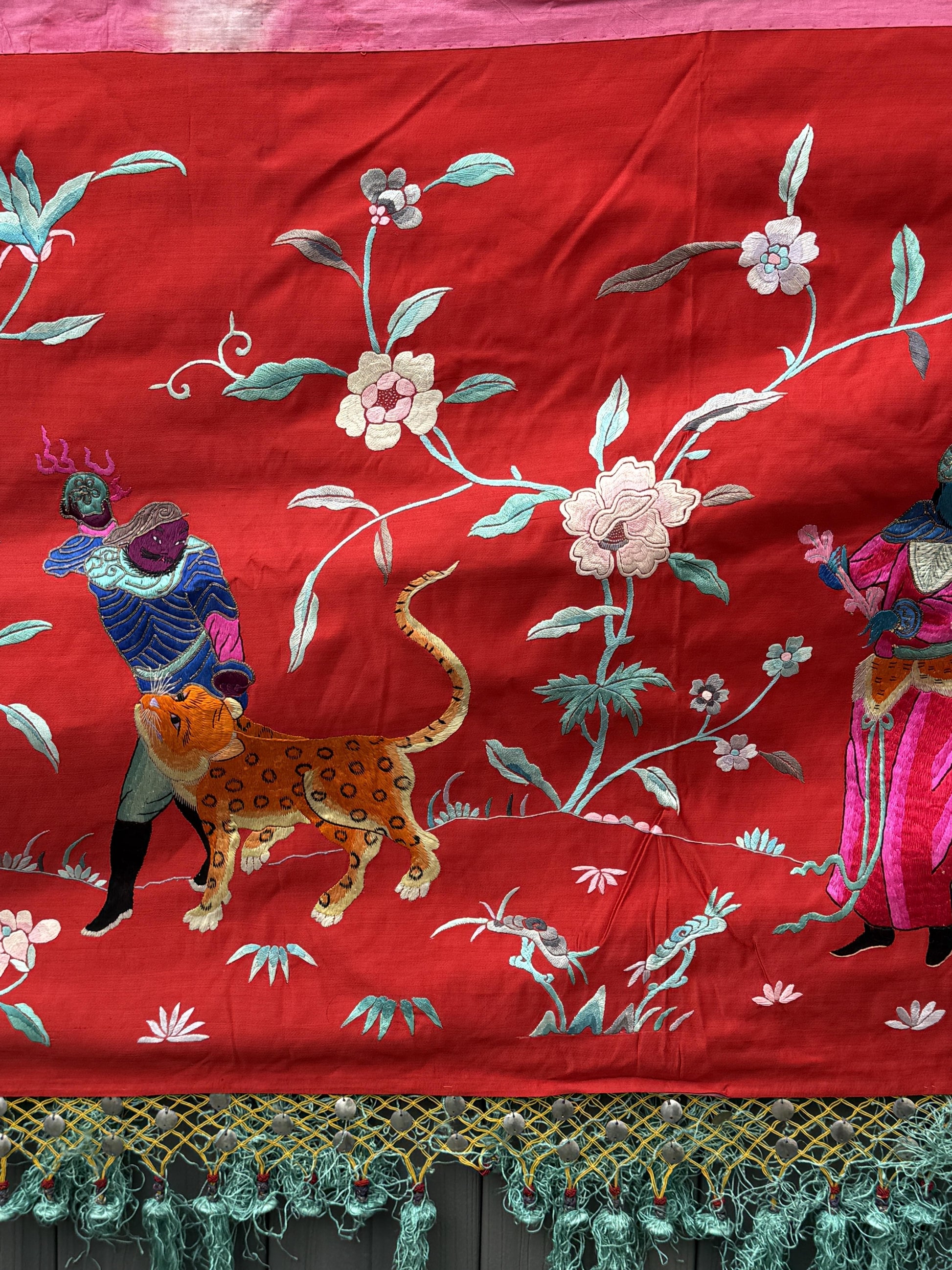 Large Late Qing Dynasty Silk Embroidery on Red Satin Textile