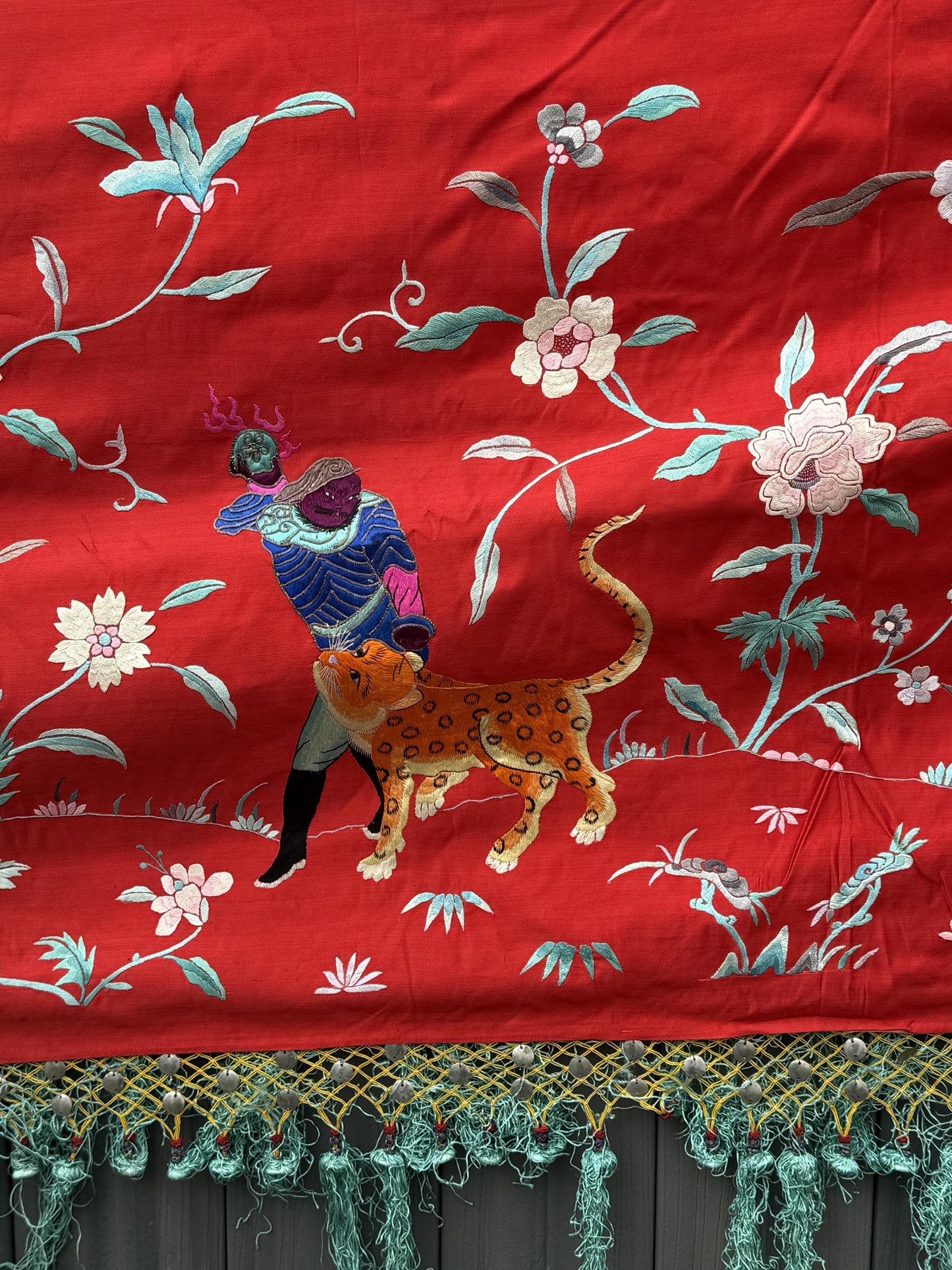 Large Late Qing Dynasty Silk Embroidery on Red Satin Textile