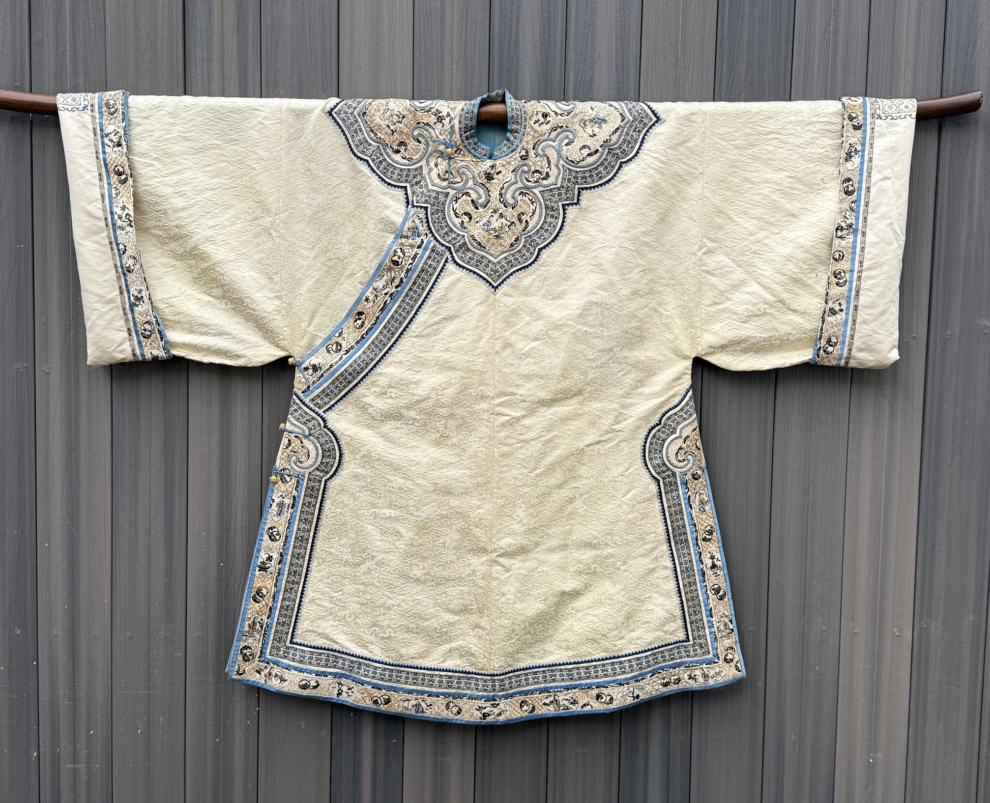 Late Qing Dynasty Silk Damask Robe with Figural & Floral Embroidery