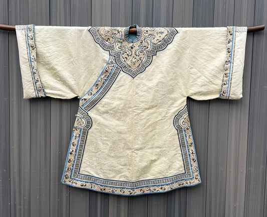Late Qing Dynasty Silk Damask Robe with Figural & Floral Embroidery