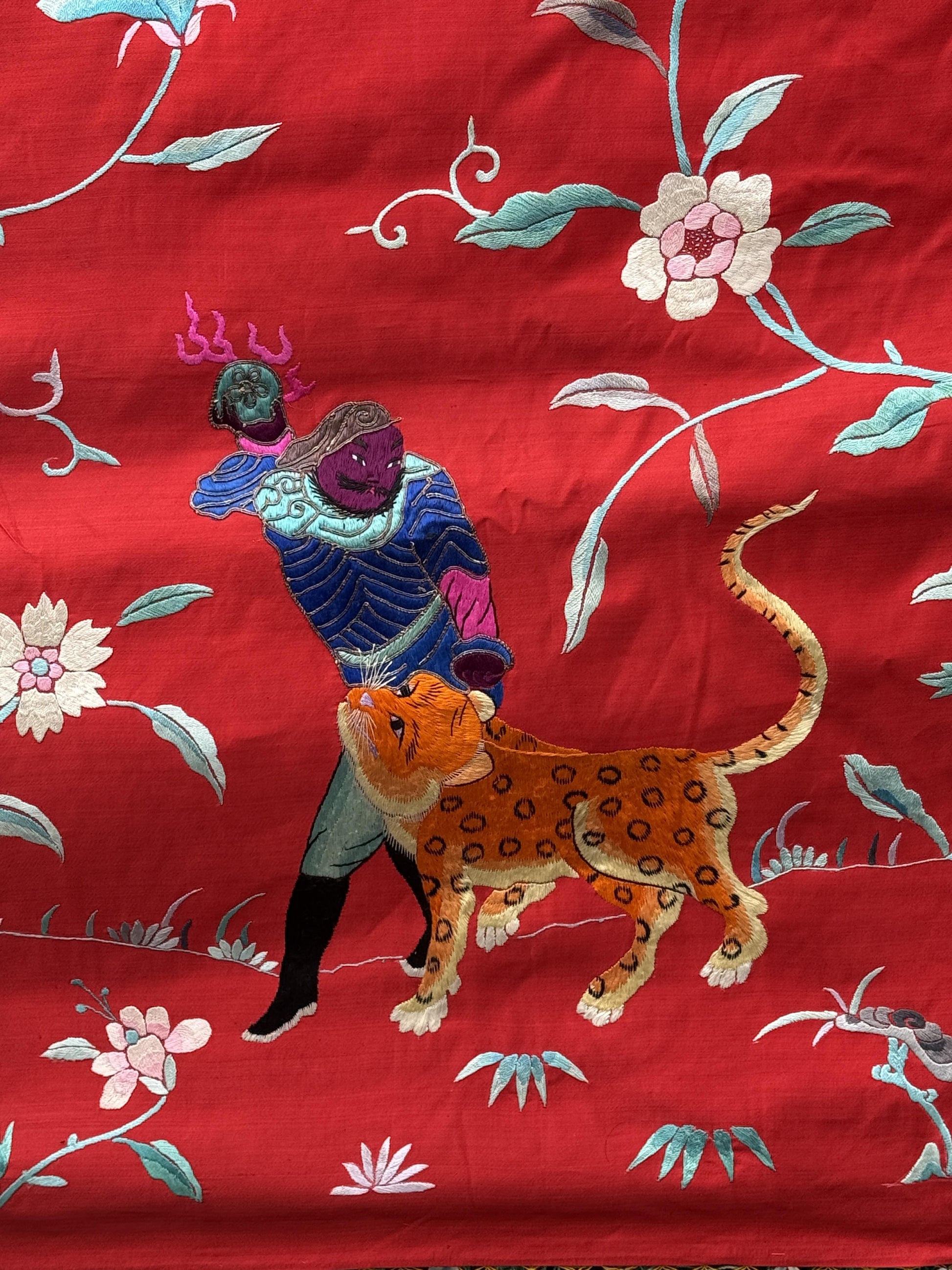 Large Late Qing Dynasty Silk Embroidery on Red Satin Textile