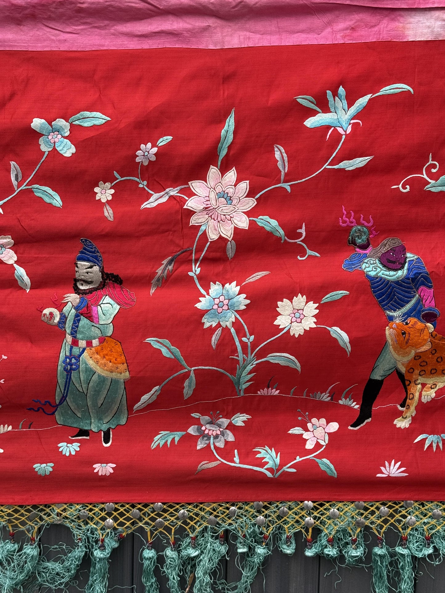 Large Late Qing Dynasty Silk Embroidery on Red Satin Textile